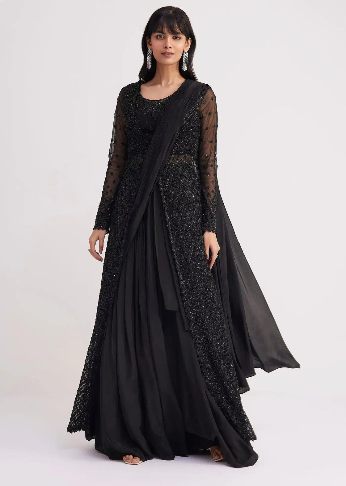 Black Skirt Saree Drape With Jacket And Embellished Blouse
