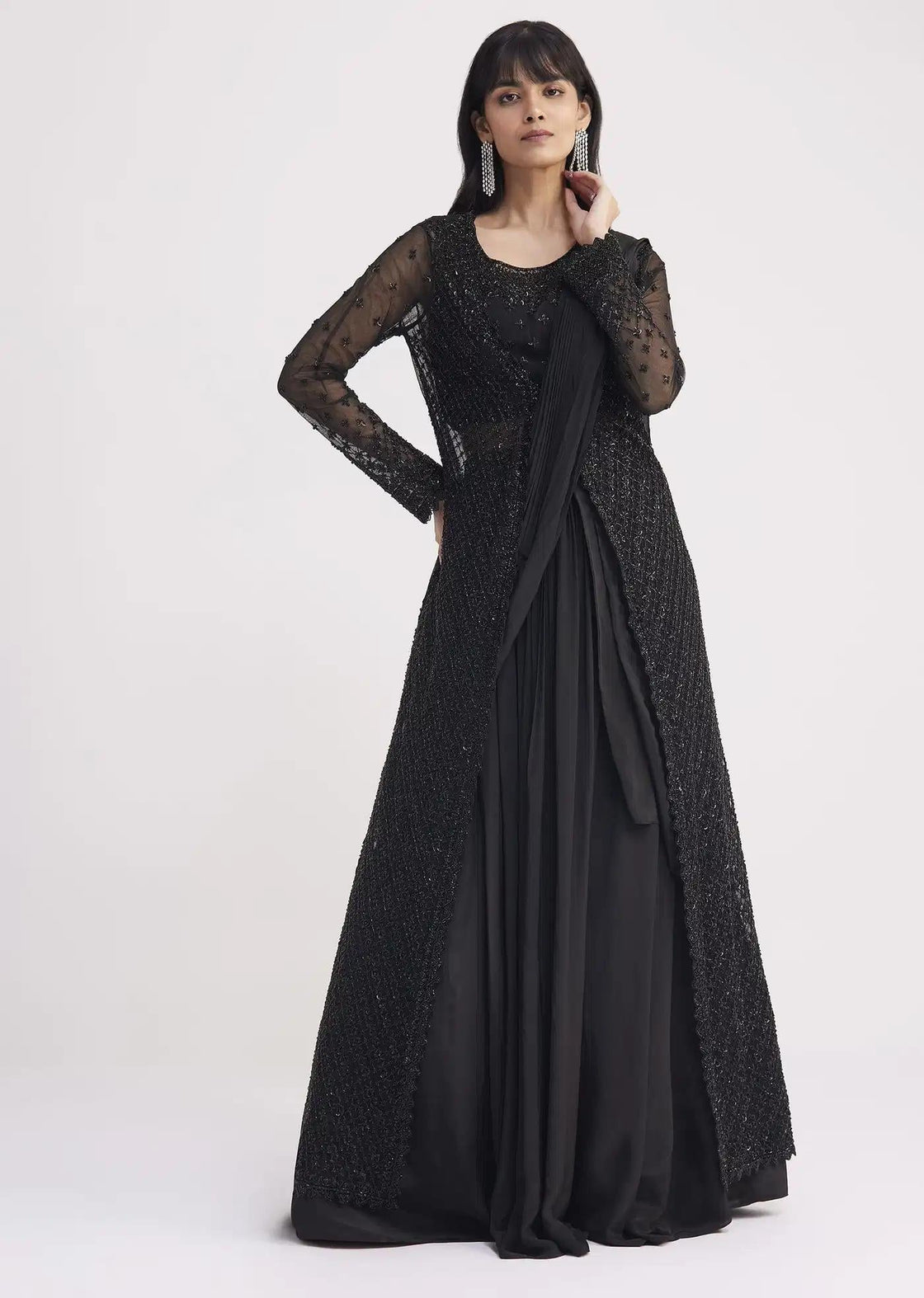 Black Skirt Saree Drape With Jacket And Embellished Blouse