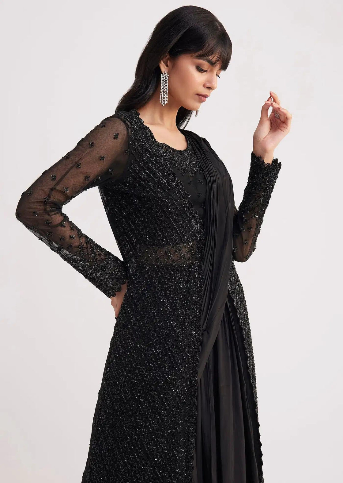 Black Skirt Saree Drape With Jacket And Embellished Blouse