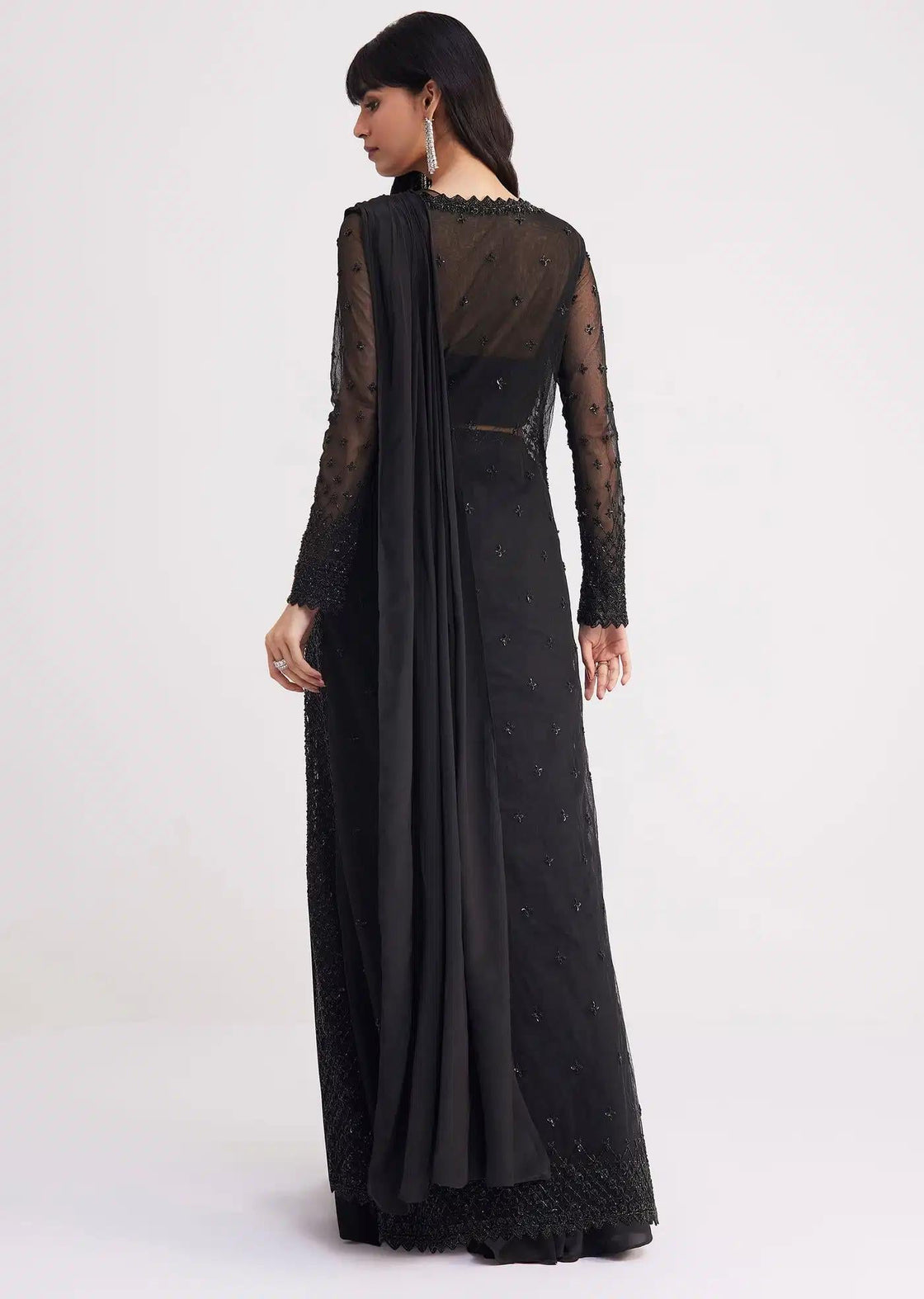Black Skirt Saree Drape With Jacket And Embellished Blouse