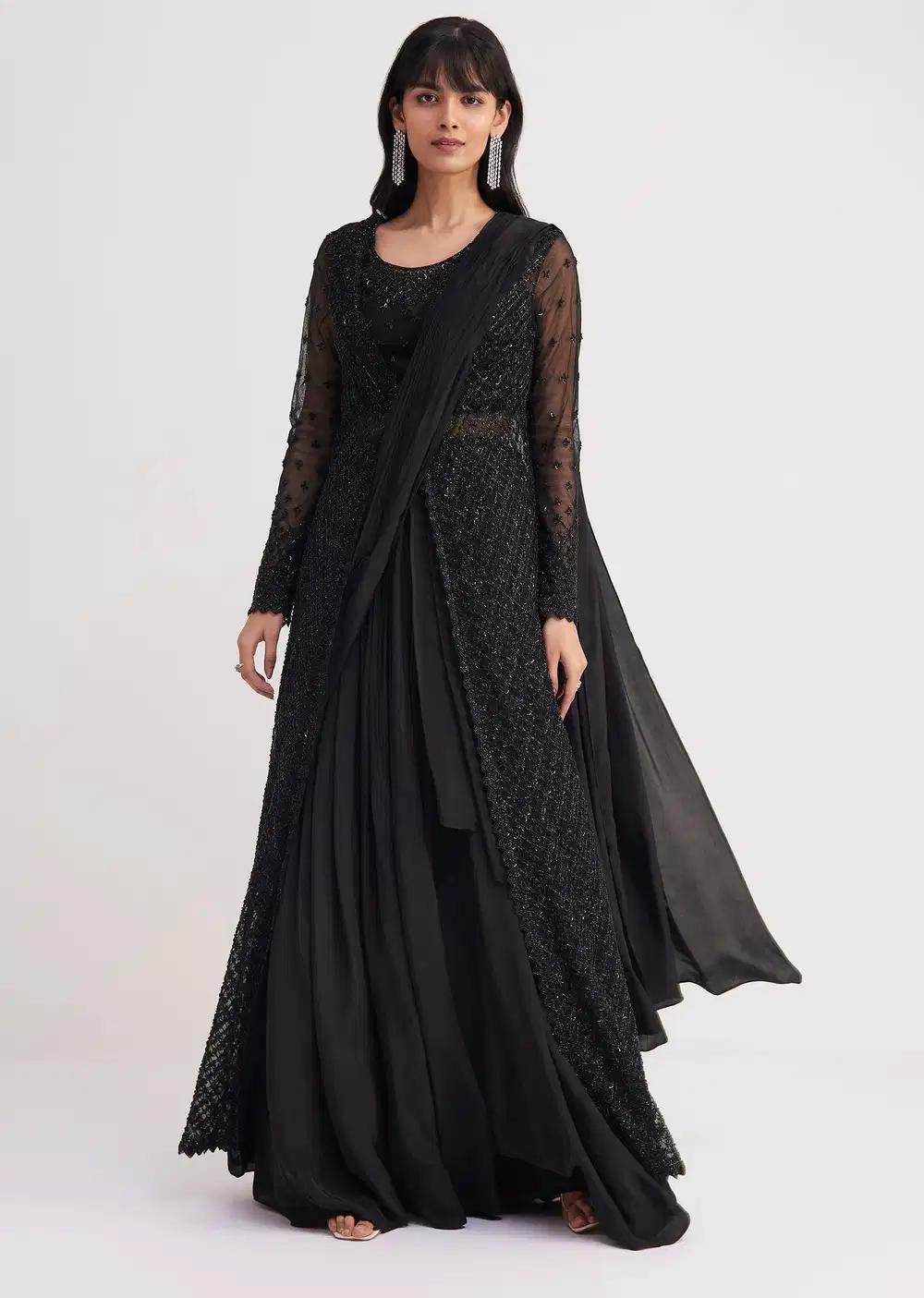 Black Skirt Saree Drape With Jacket And Embellished Blouse