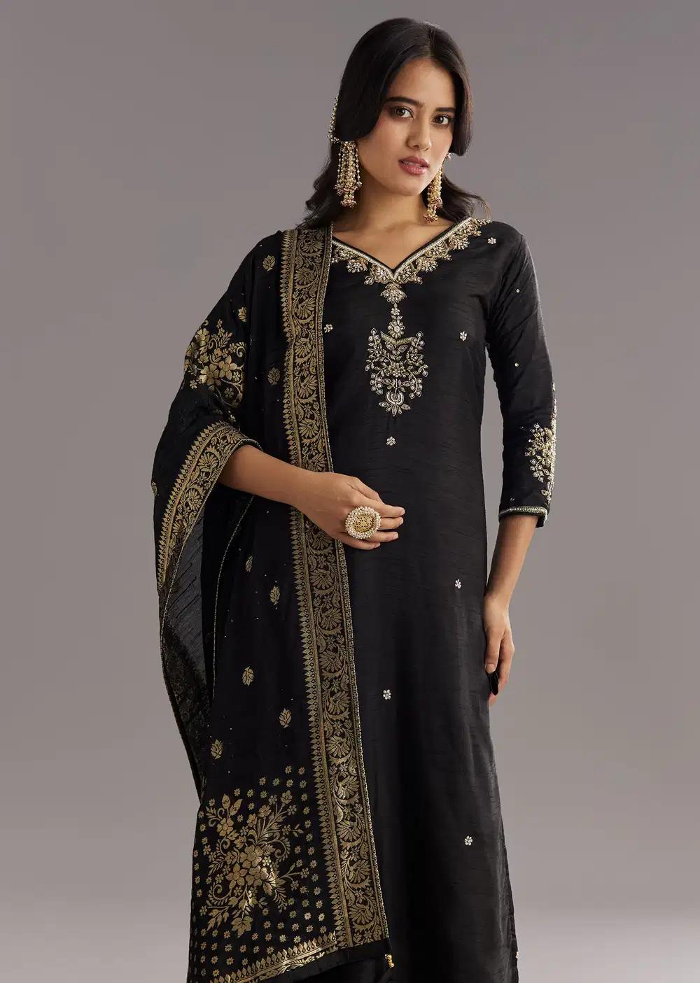 Black Viscose Silk Kurta Ensemble With Zari Moti And Cut Dana Work Outfit