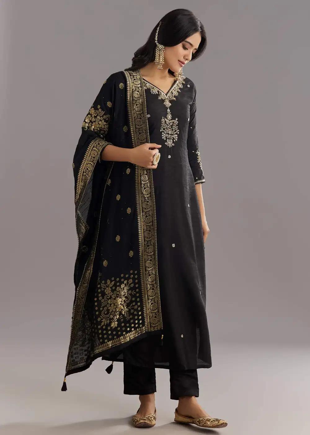 Black Viscose Silk Kurta Ensemble With Zari Moti And Cut Dana Work Outfit