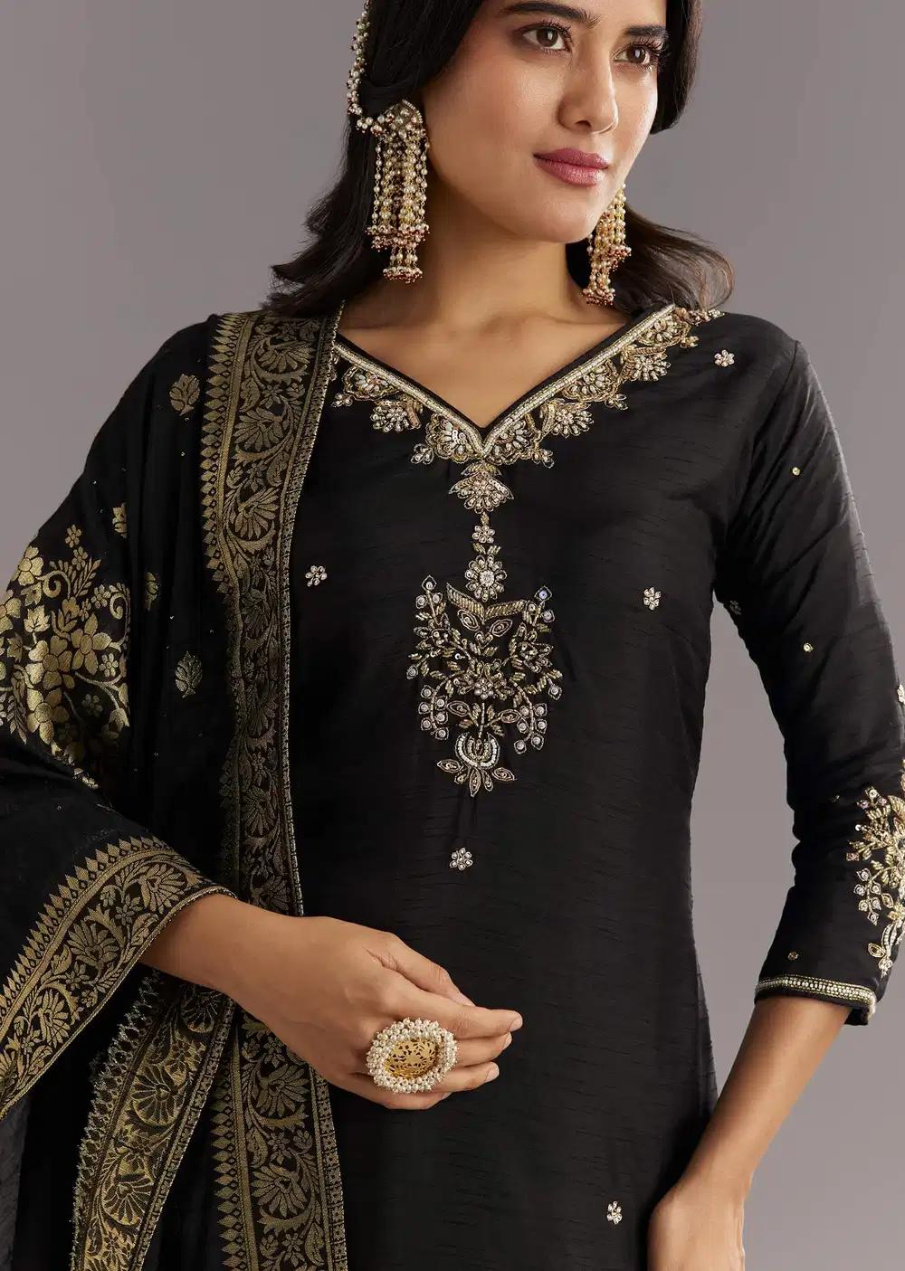 Black Viscose Silk Kurta Ensemble With Zari Moti And Cut Dana Work Outfit