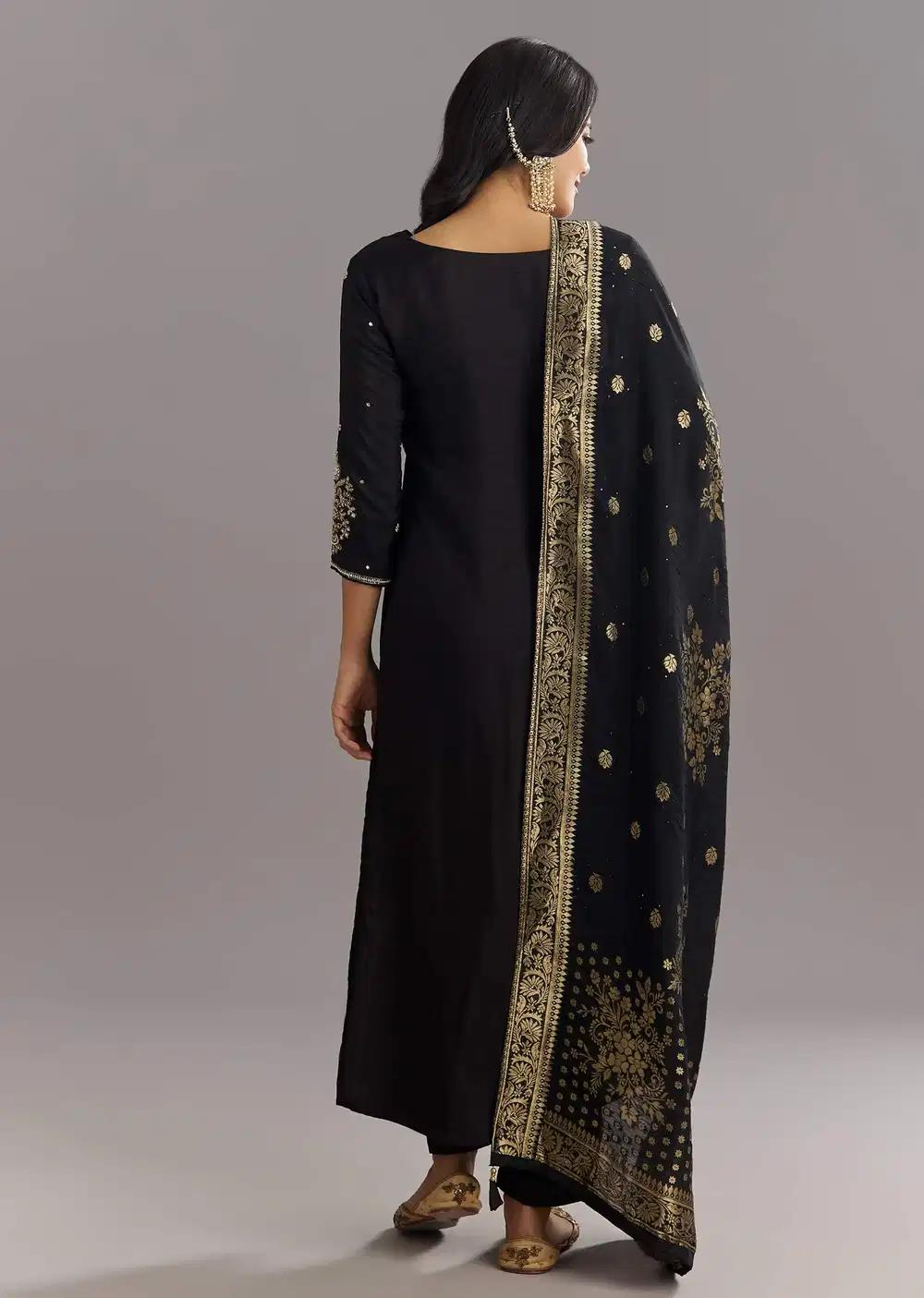 Black Viscose Silk Kurta Ensemble With Zari Moti And Cut Dana Work Outfit