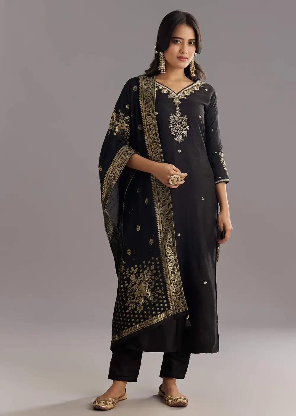 Black Viscose Silk Kurta Ensemble With Zari Moti And Cut Dana Work Outfit