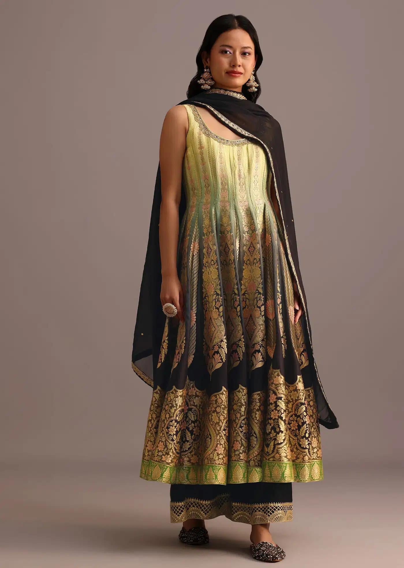 Black Yellow Handcrafted Kurti Palazzo Trousers Ensemble Featuring Organza Drape
