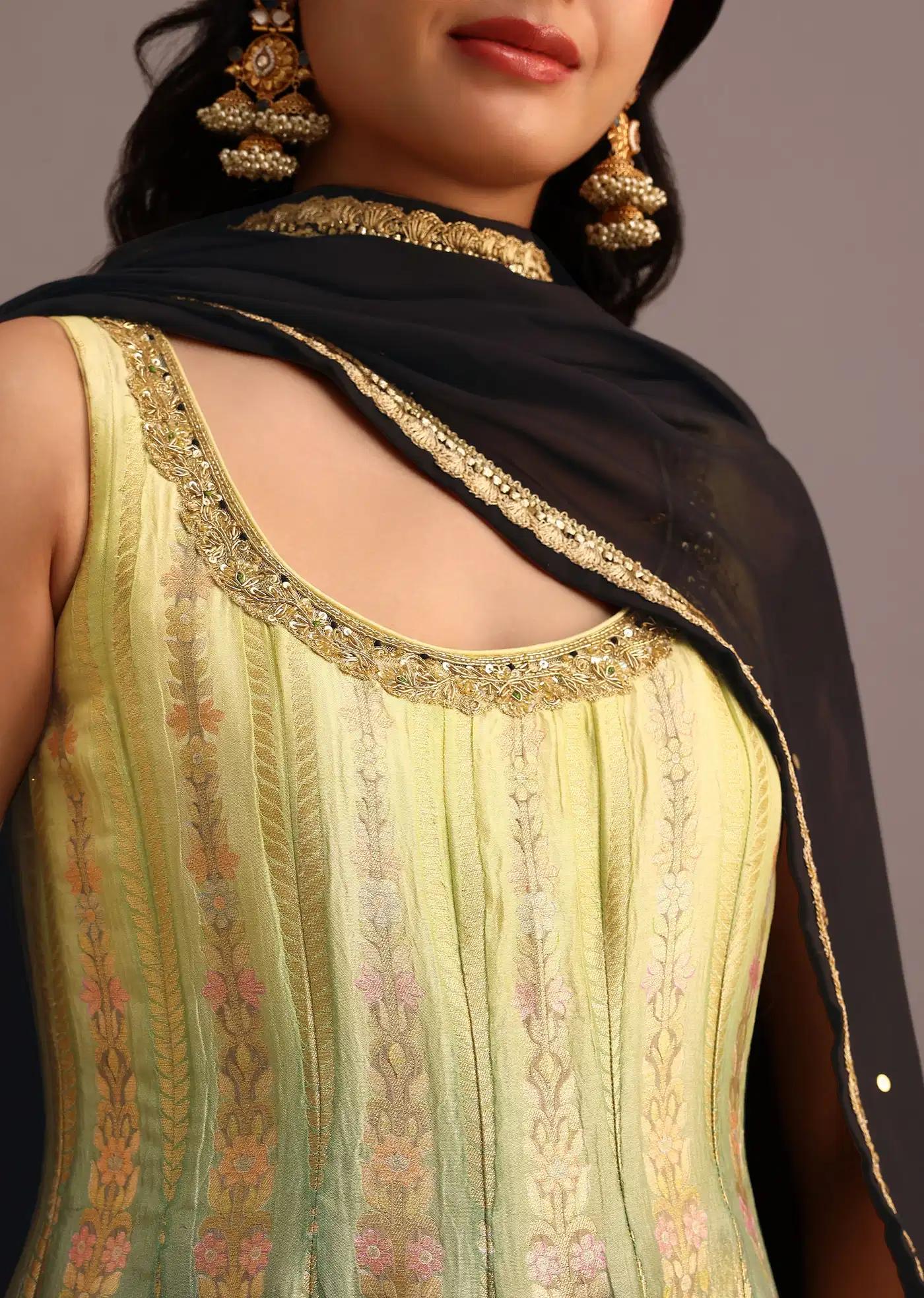 Black Yellow Handcrafted Kurti Palazzo Trousers Ensemble Featuring Organza Drape