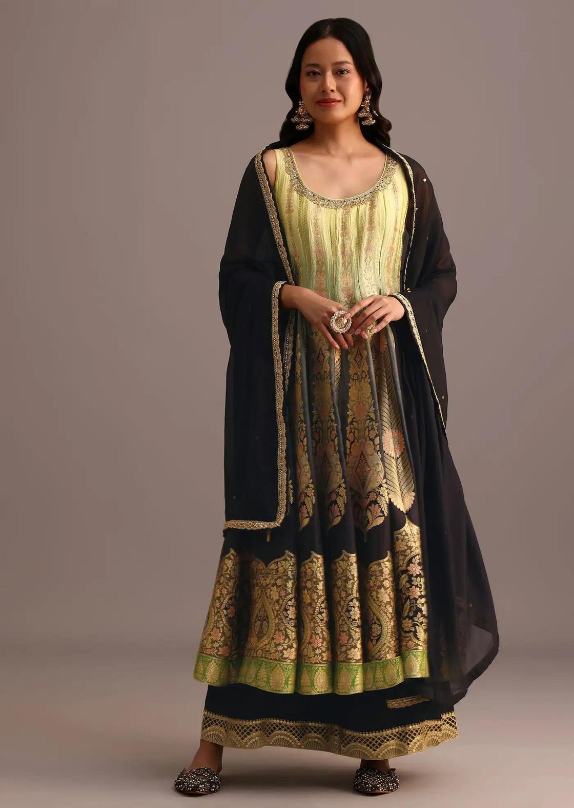 Black Yellow Handcrafted Kurti Palazzo Trousers Ensemble Featuring Organza Drape
