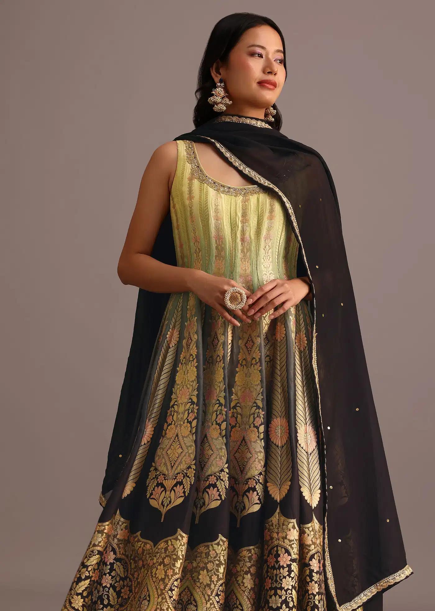 Black Yellow Handcrafted Kurti Palazzo Trousers Ensemble Featuring Organza Drape