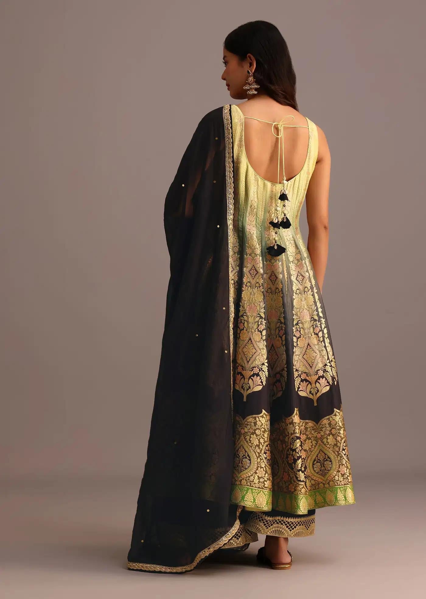 Black Yellow Handcrafted Kurti Palazzo Trousers Ensemble Featuring Organza Drape