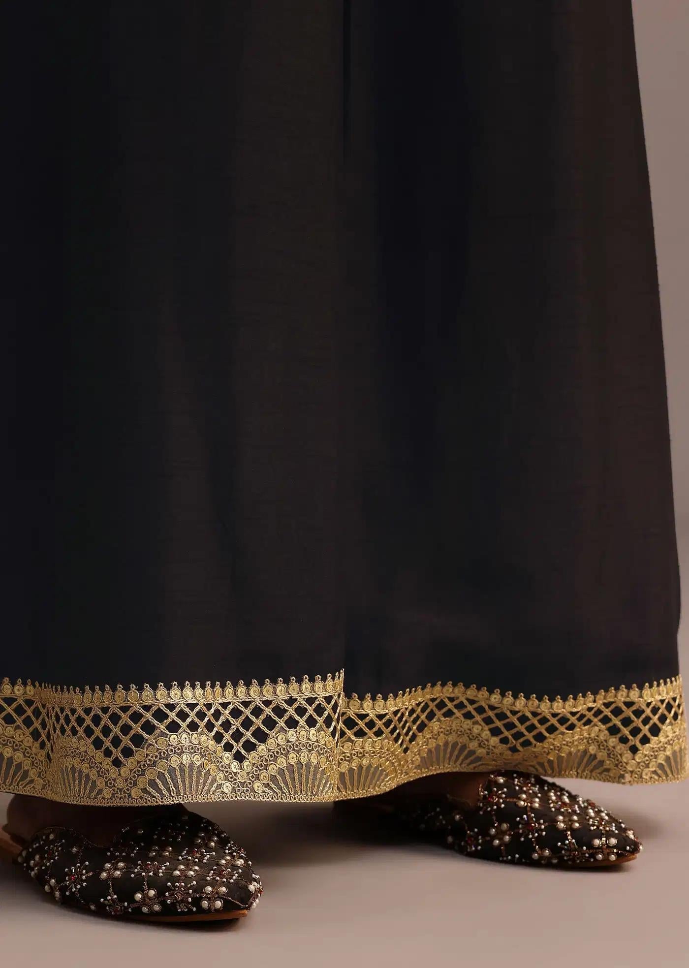 Black Yellow Handcrafted Kurti Palazzo Trousers Ensemble Featuring Organza Drape