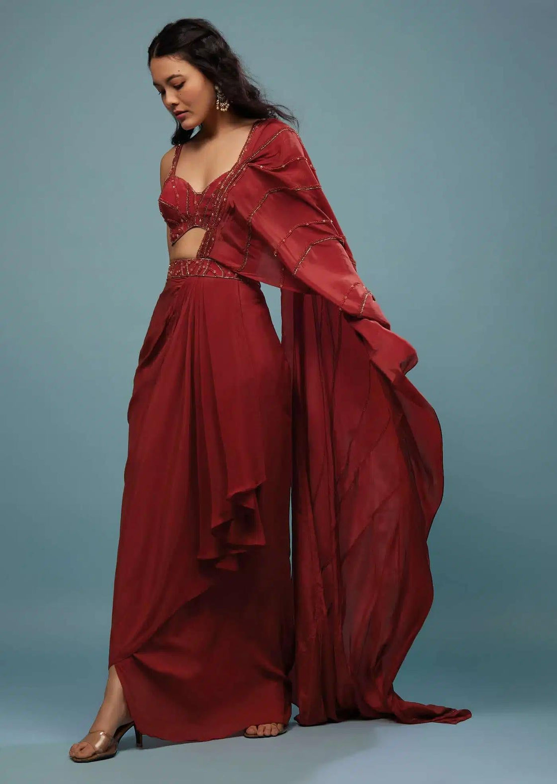 Blood Red Pre Draped Saree With Detailed Embroidery