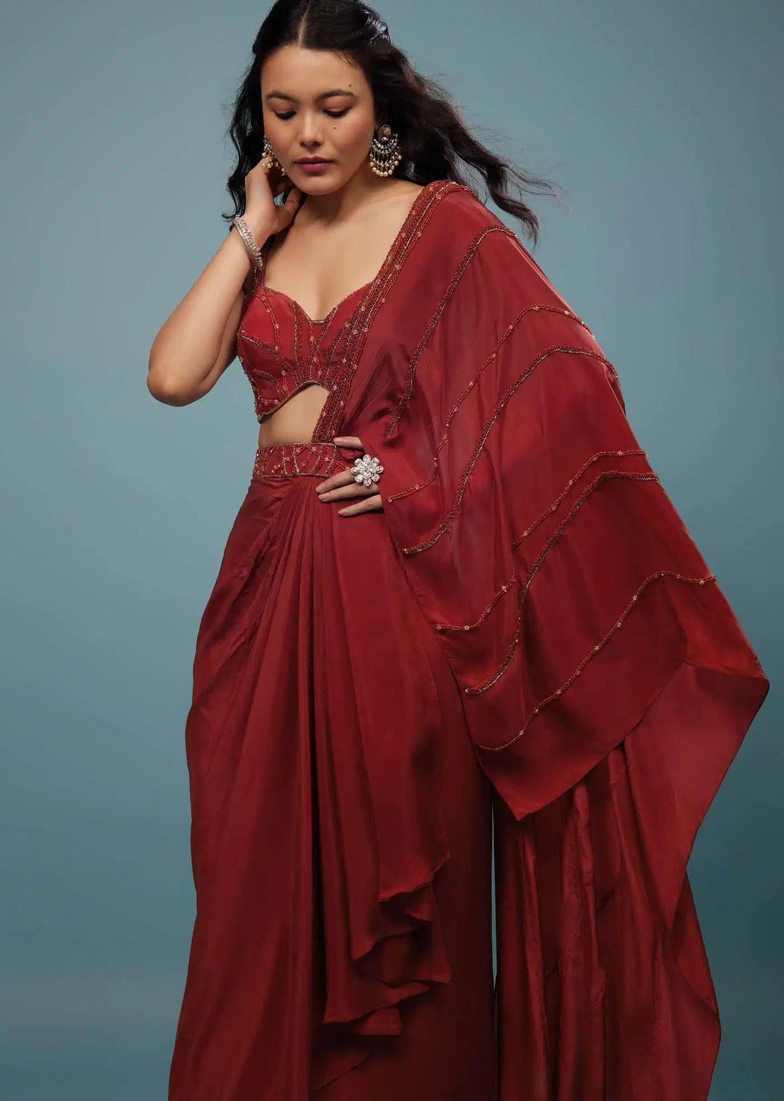 Blood Red Pre Draped Saree With Detailed Embroidery