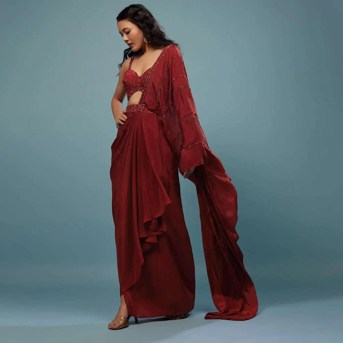Blood Red Pre Draped Saree With Detailed Embroidery