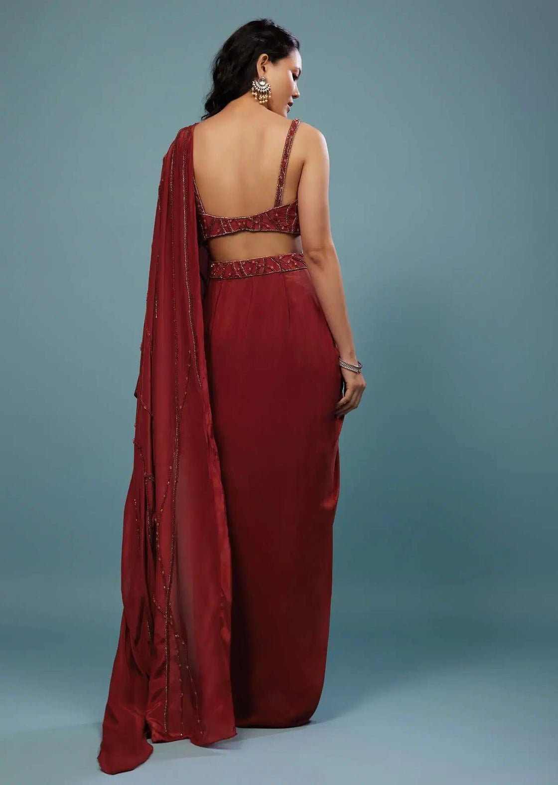 Blood Red Pre Draped Saree With Detailed Embroidery