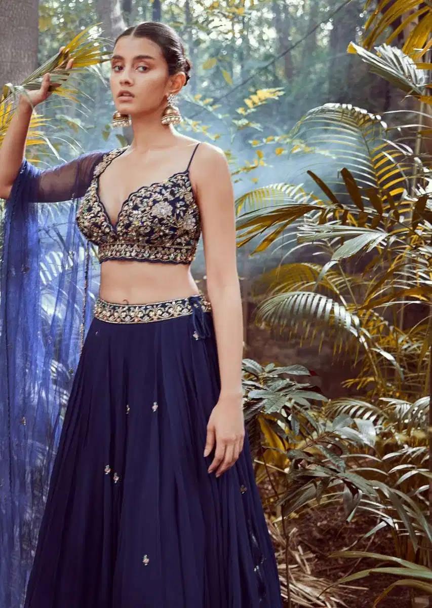 Blue Blood Lehenga Skirt Blouse Featuring Hand Handcrafted Crop Top Using Sequins Beads In Floral Jaal Design