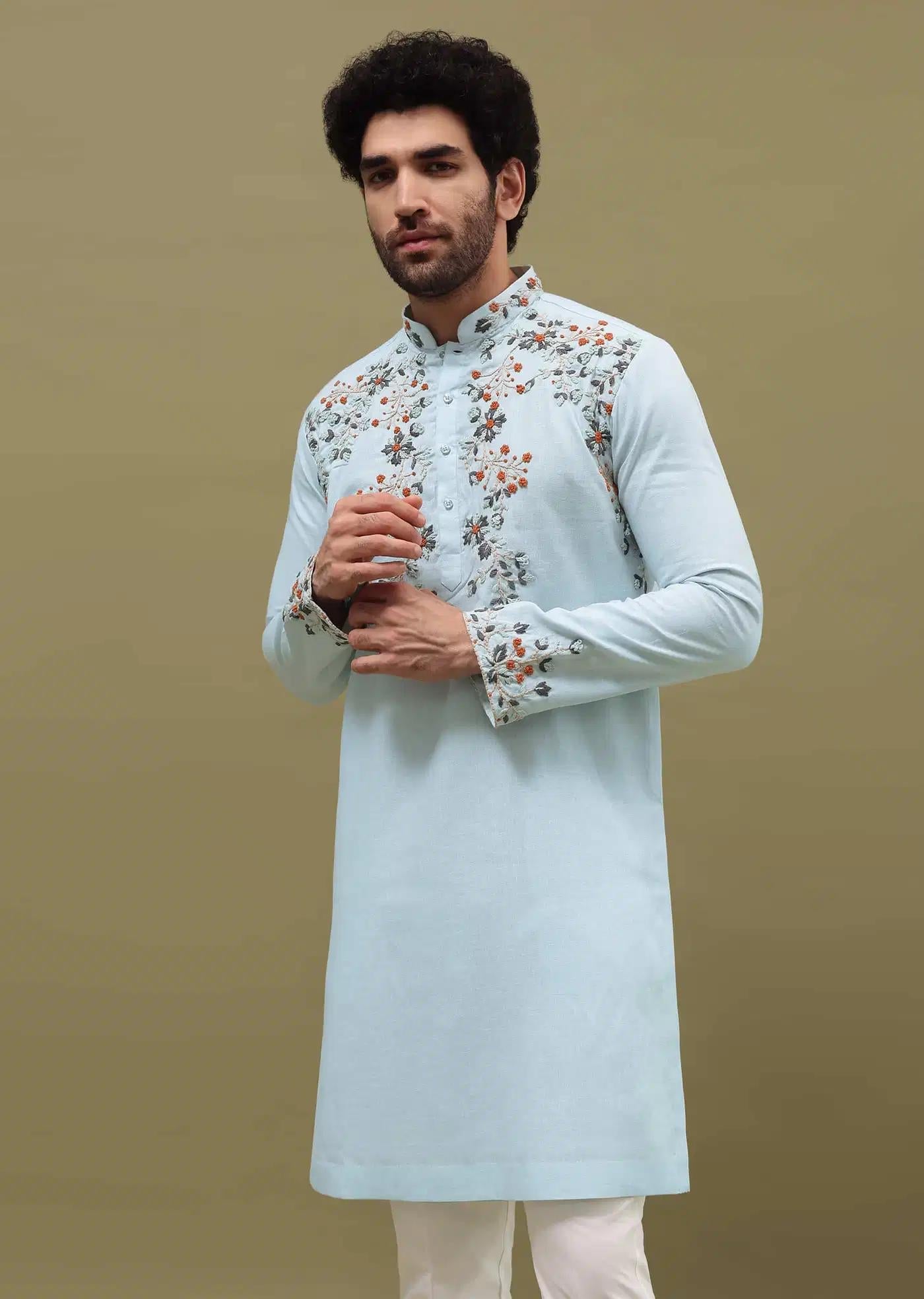 Blue Bud Embroidered Linen Kurta Set For Men Elegant Designer Kurta Sets