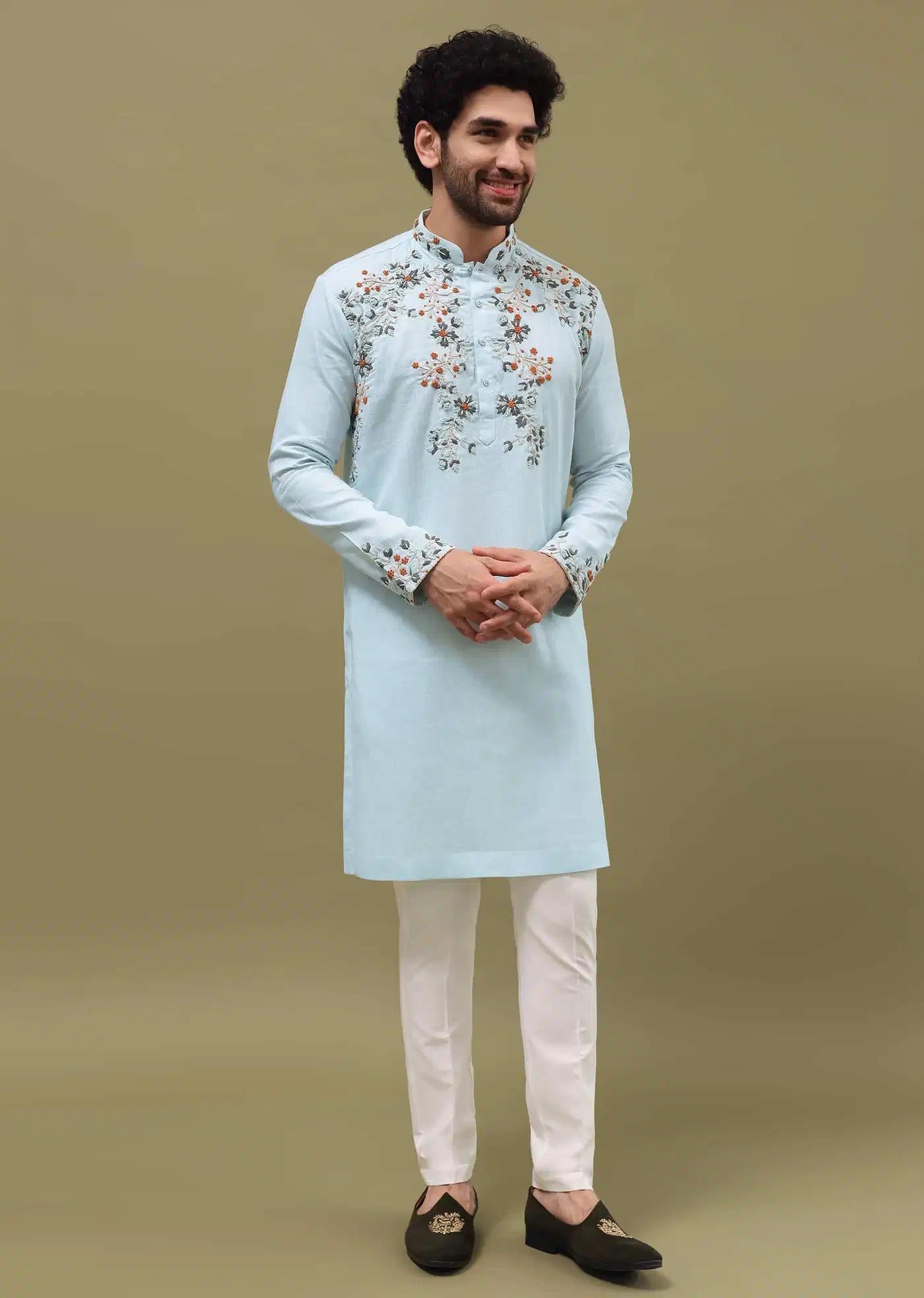 Blue Bud Embroidered Linen Kurta Set For Men Elegant Designer Kurta Sets