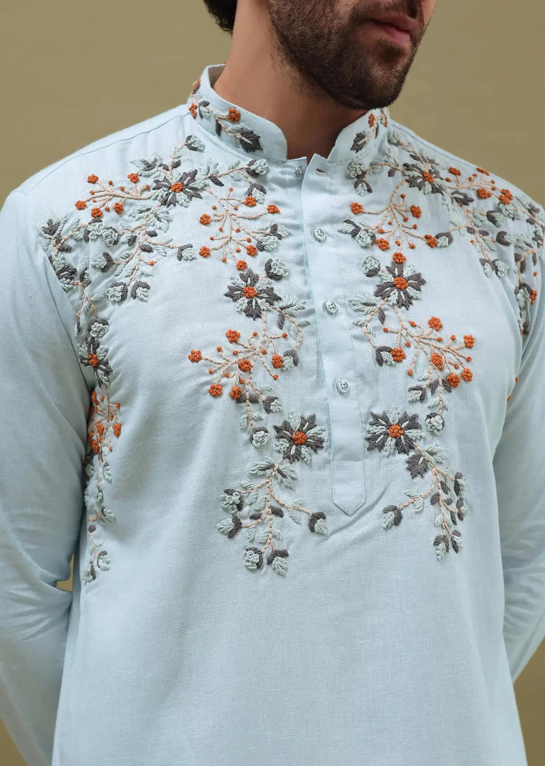 Blue Bud Embroidered Linen Kurta Set For Men Elegant Designer Kurta Sets