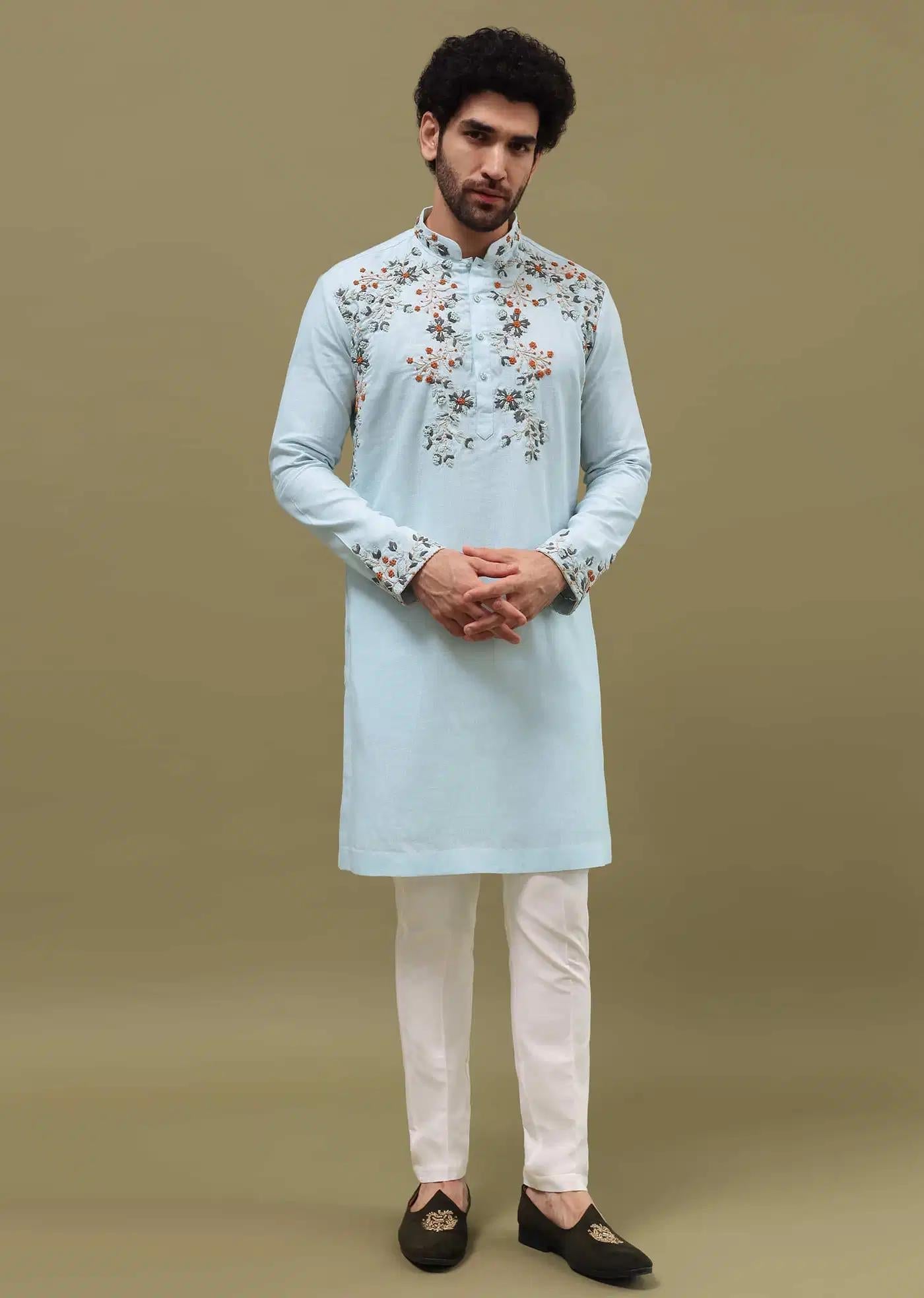 Blue Bud Embroidered Linen Kurta Set For Men Elegant Designer Kurta Sets