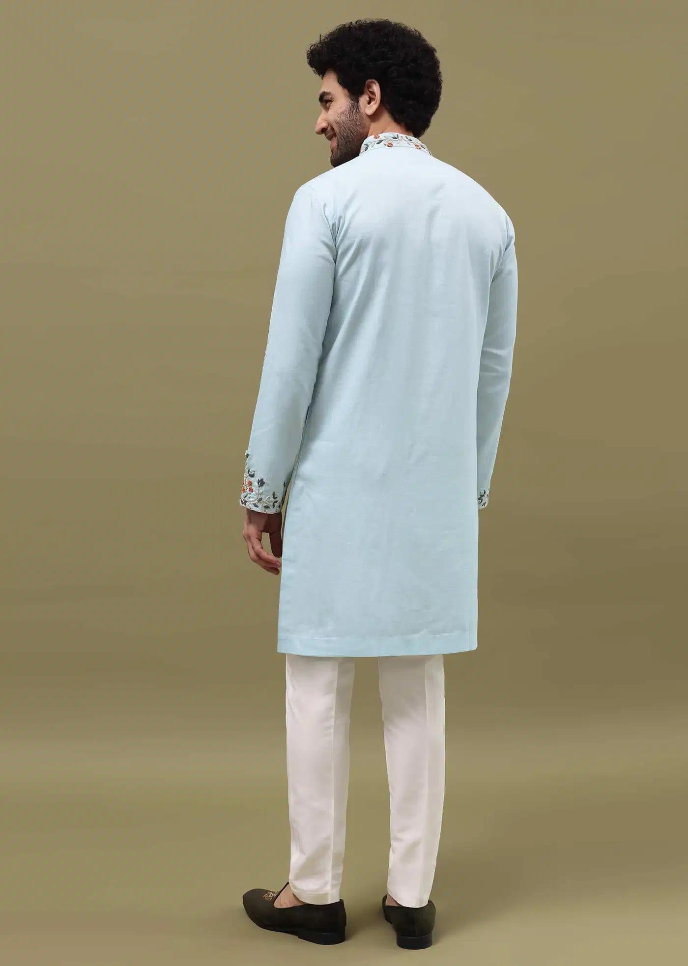 Blue Bud Embroidered Linen Kurta Set For Men Elegant Designer Kurta Sets
