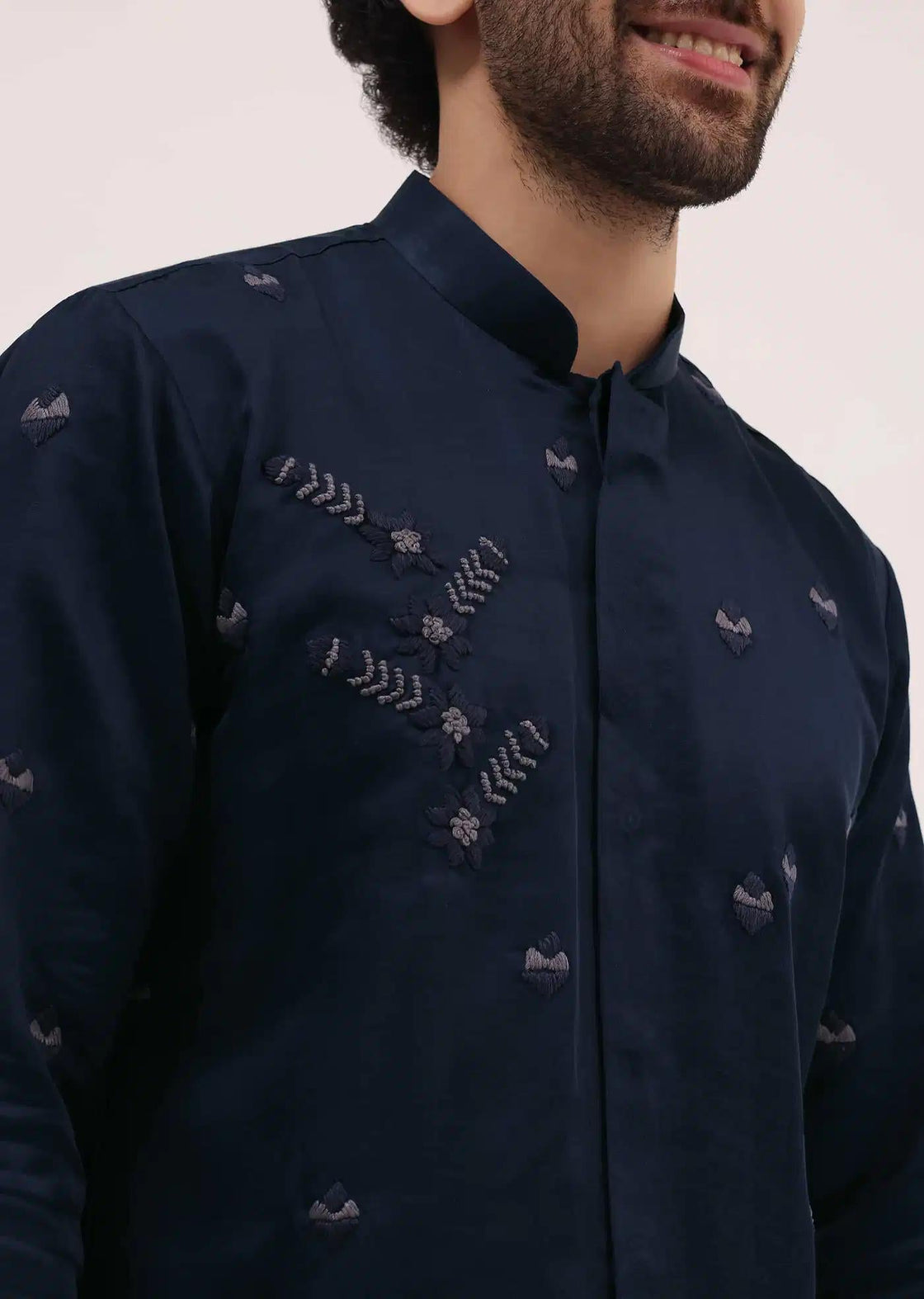 Blue Bud Embroidered Silk Kurta Set For Men Elegant Designer Kurta Sets
