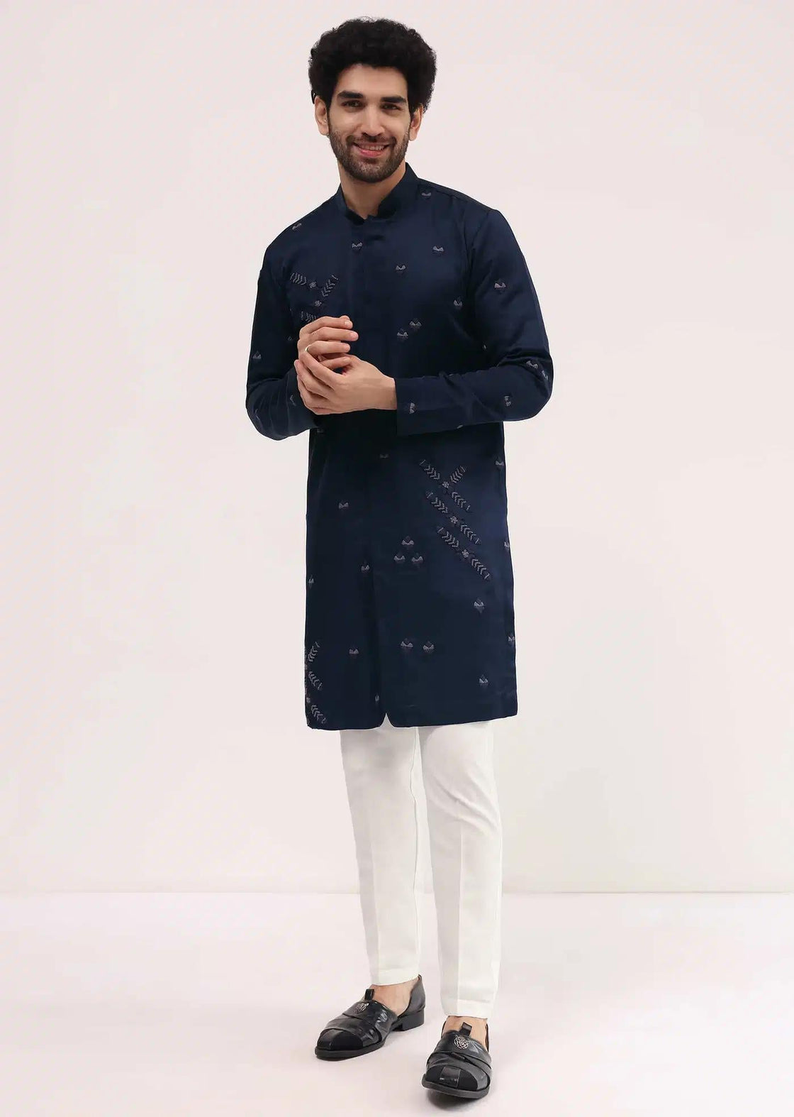 Blue Bud Embroidered Silk Kurta Set For Men Elegant Designer Kurta Sets