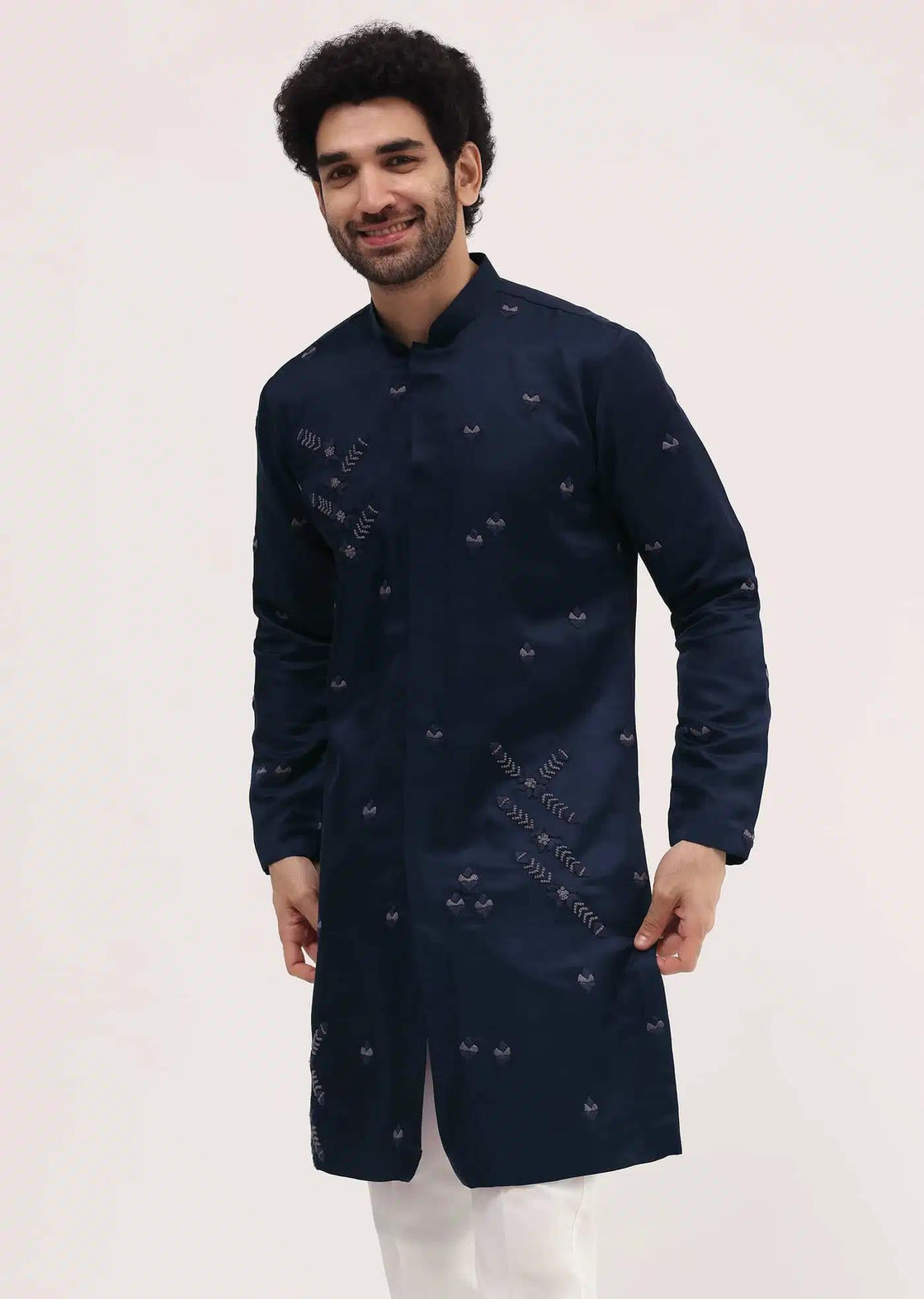 Blue Bud Embroidered Silk Kurta Set For Men Elegant Designer Kurta Sets
