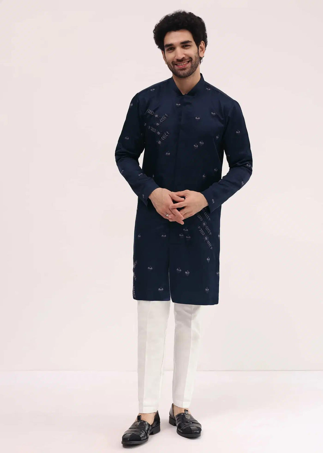 Blue Bud Embroidered Silk Kurta Set For Men Elegant Designer Kurta Sets