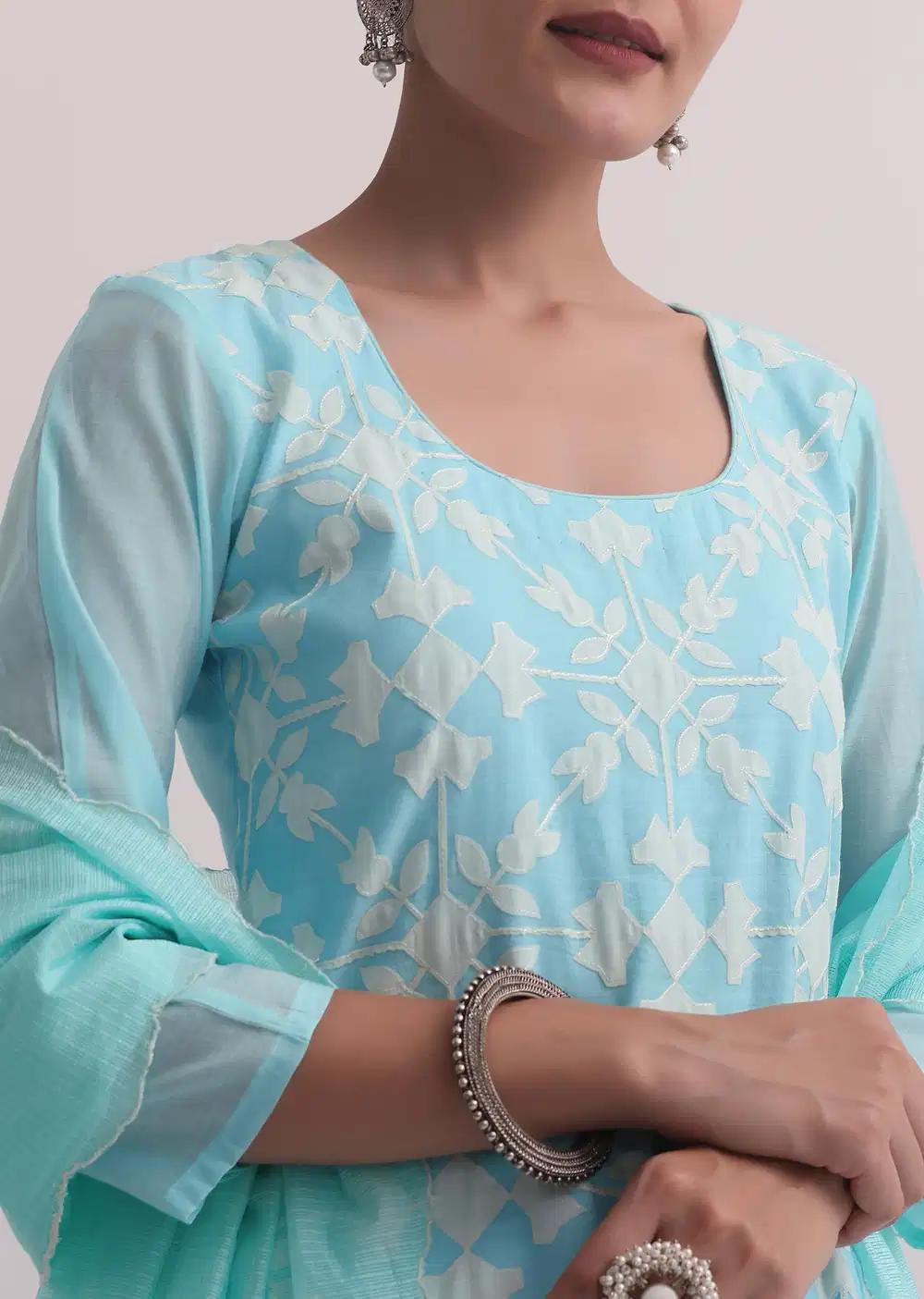 Blue Chanderi Patchwork Palazzo Ensemble With Lace Trims