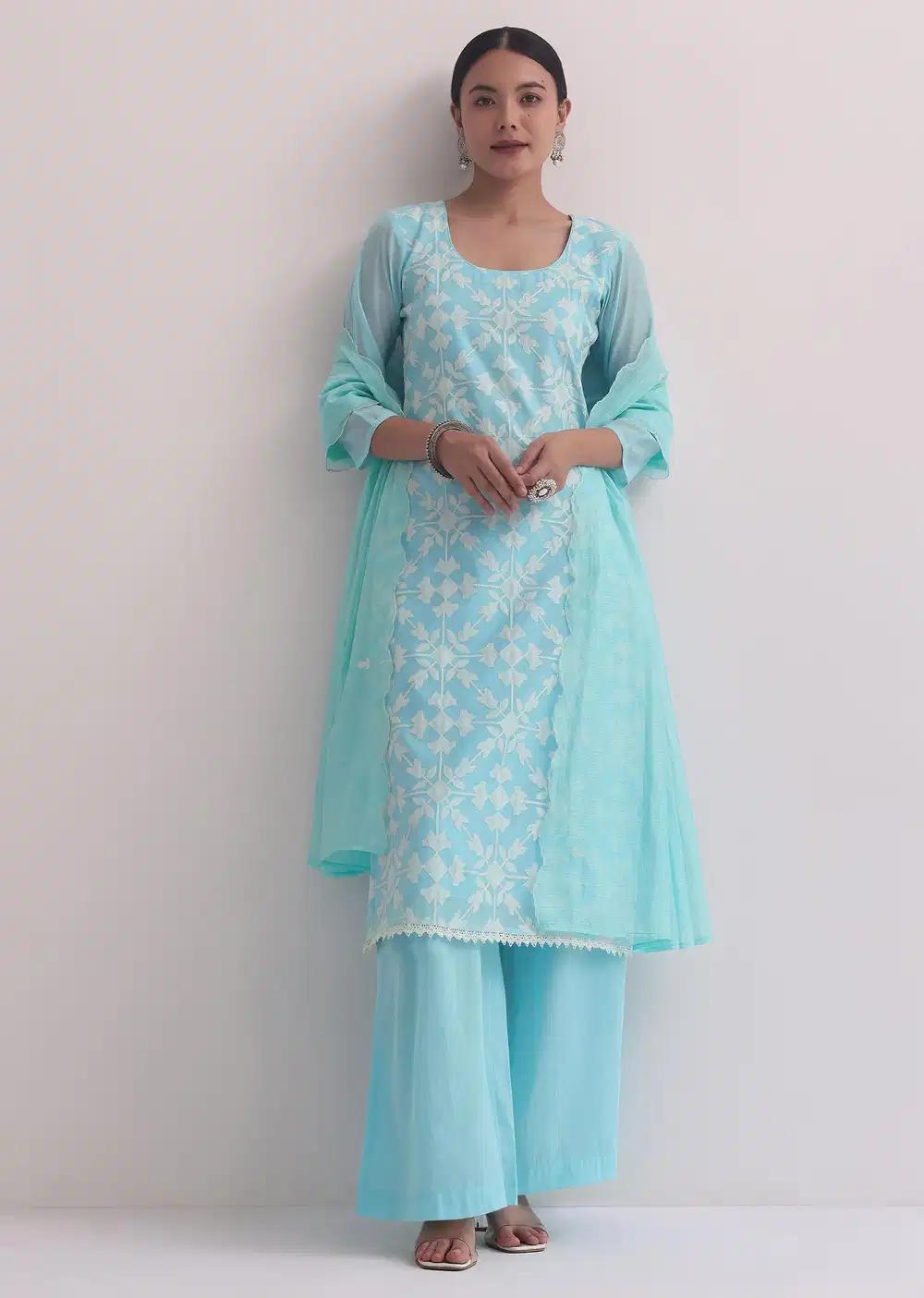 Blue Chanderi Patchwork Palazzo Ensemble With Lace Trims