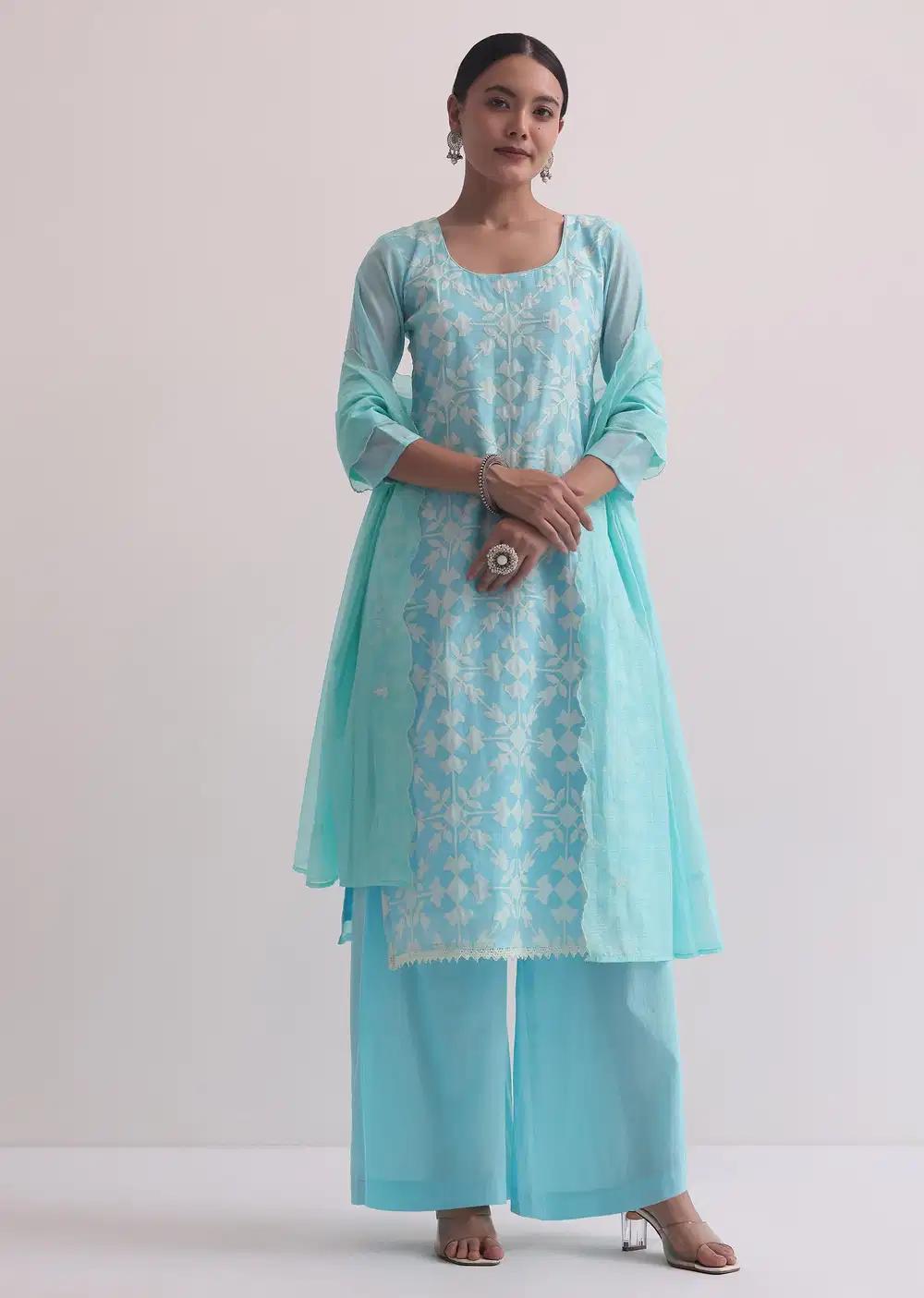 Blue Chanderi Patchwork Palazzo Ensemble With Lace Trims