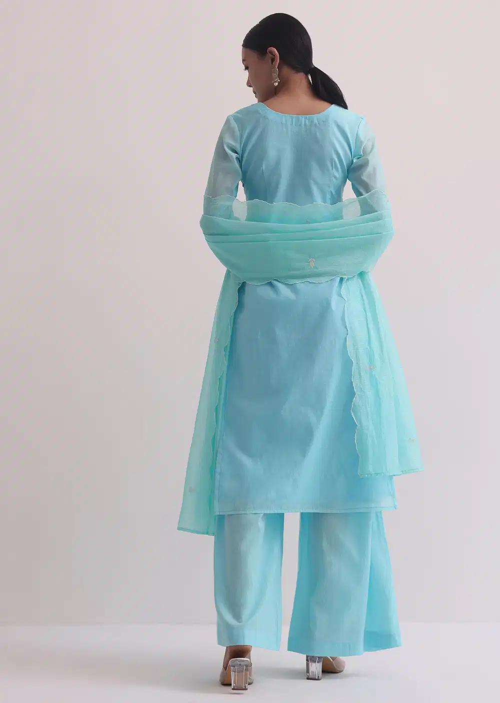 Blue Chanderi Patchwork Palazzo Ensemble With Lace Trims