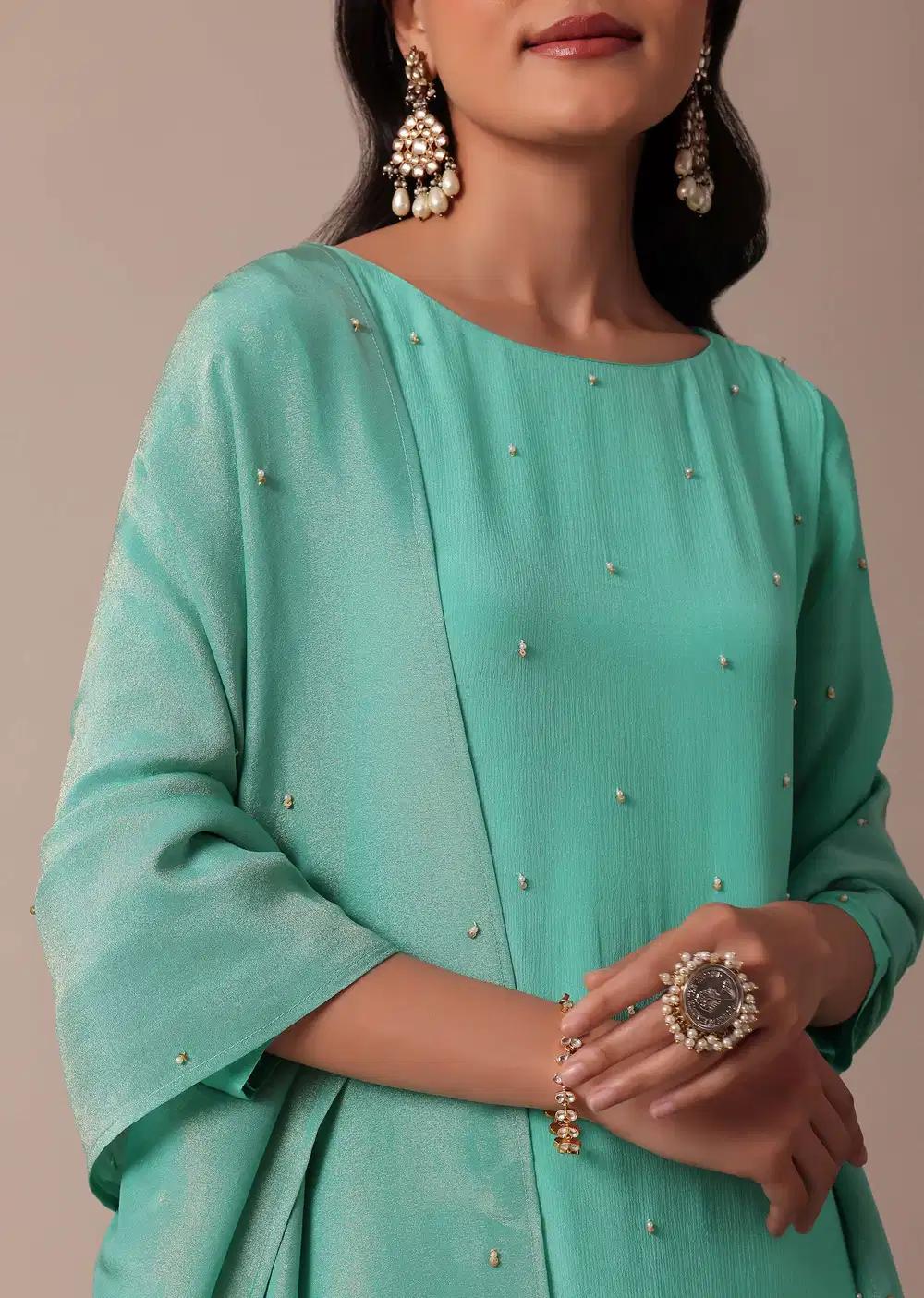 Blue Chiffon Pant Ensemble With Sequin Work Kurta Outfit