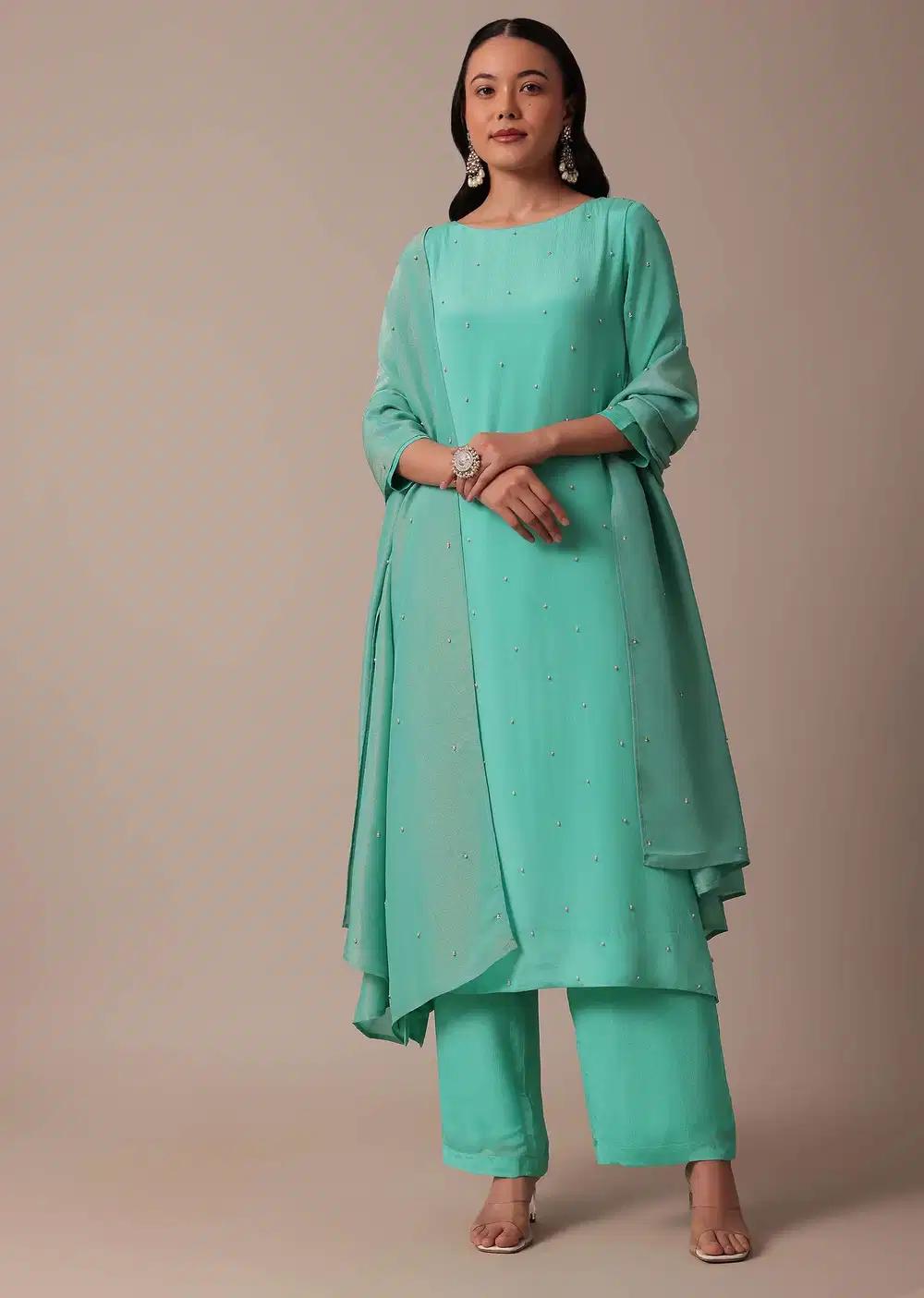 Blue Chiffon Pant Ensemble With Sequin Work Kurta Outfit