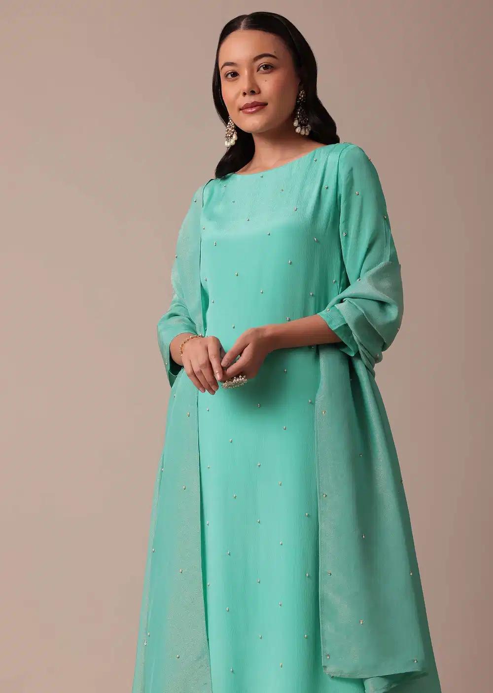 Blue Chiffon Pant Ensemble With Sequin Work Kurta Outfit