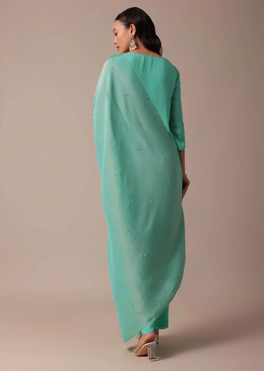 Blue Chiffon Pant Ensemble With Sequin Work Kurta Outfit