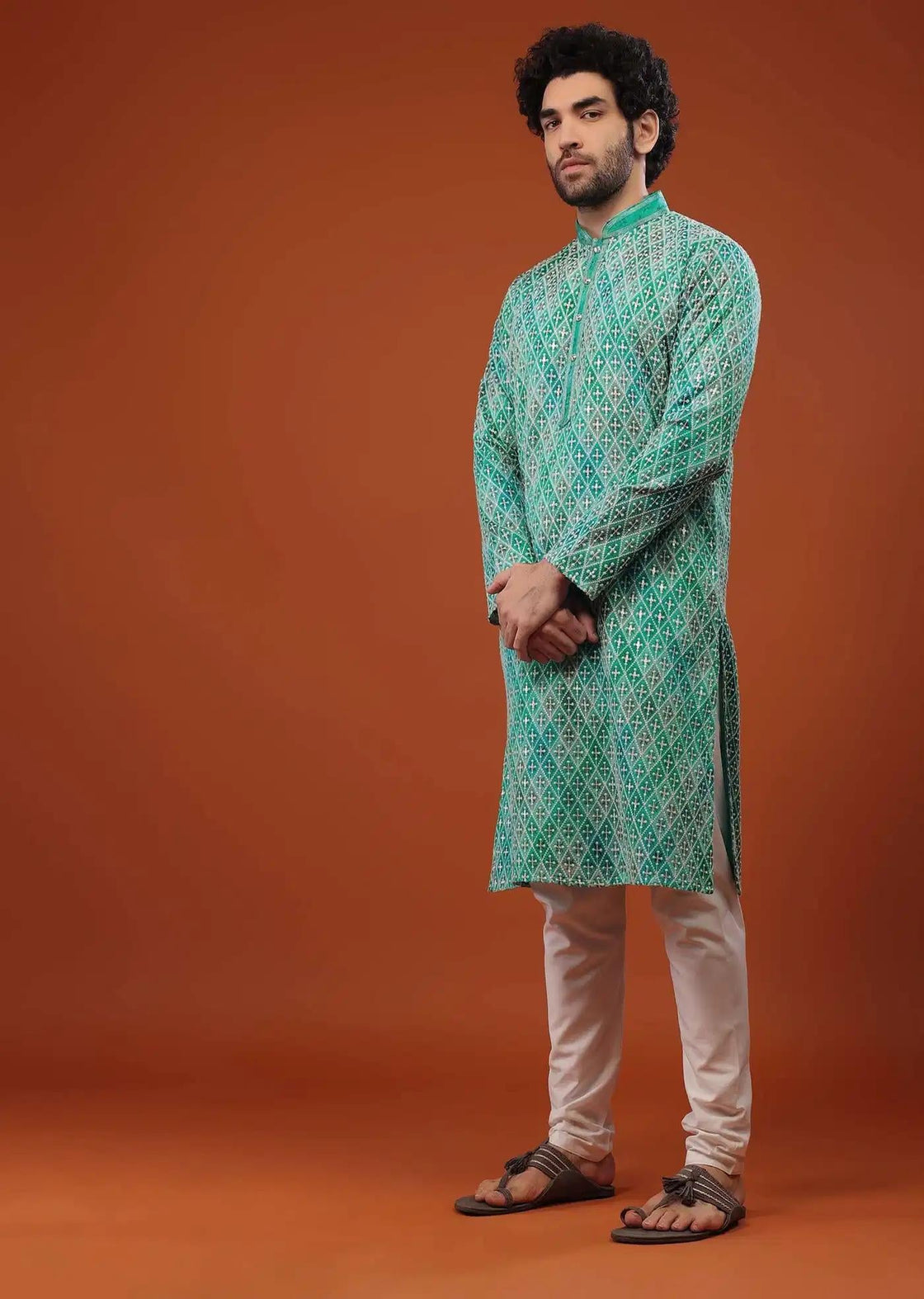 Blue Chinon Silk Kurta Set With Thread Embroidery Elegant Designer Kurta Sets
