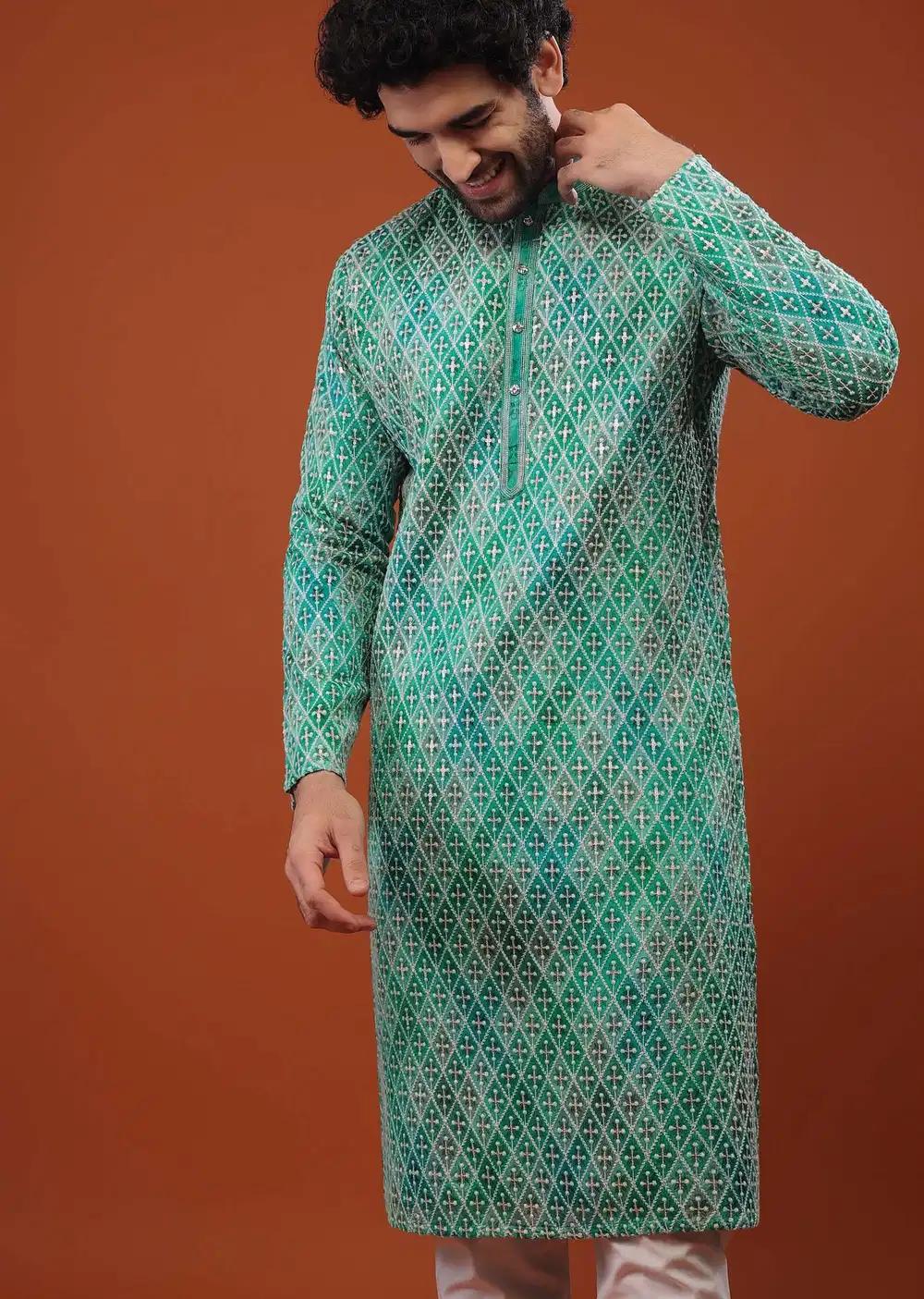 Blue Chinon Silk Kurta Set With Thread Embroidery Elegant Designer Kurta Sets