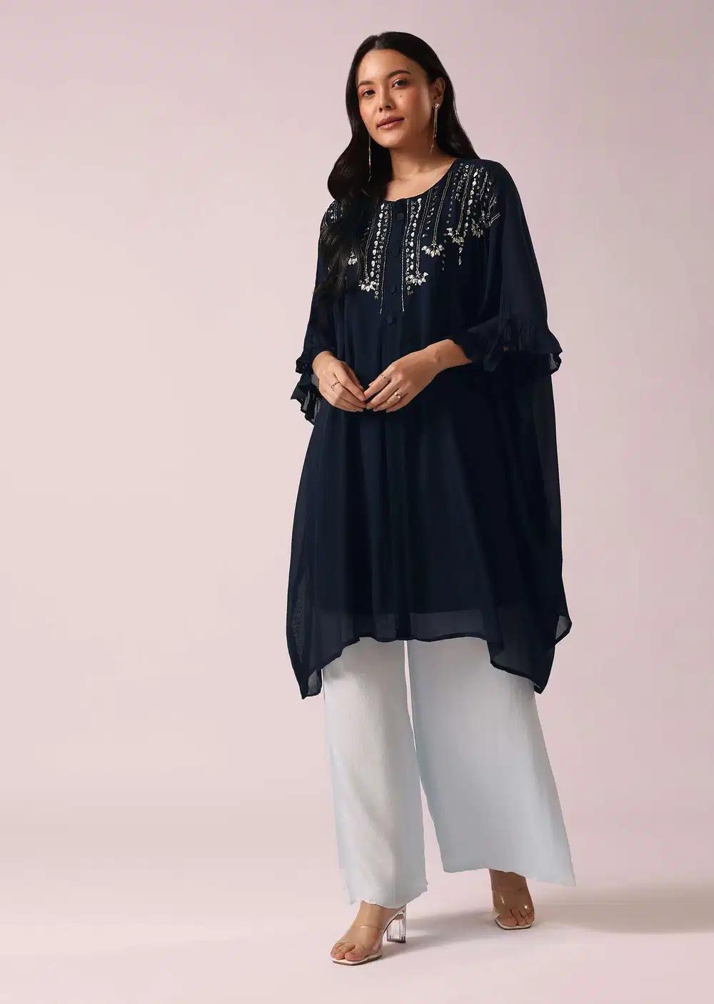 Blue Colorblock Kaftan And Palazzo Ensemble