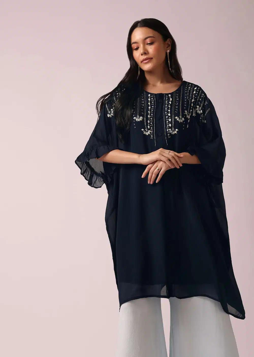Blue Colorblock Kaftan And Palazzo Ensemble