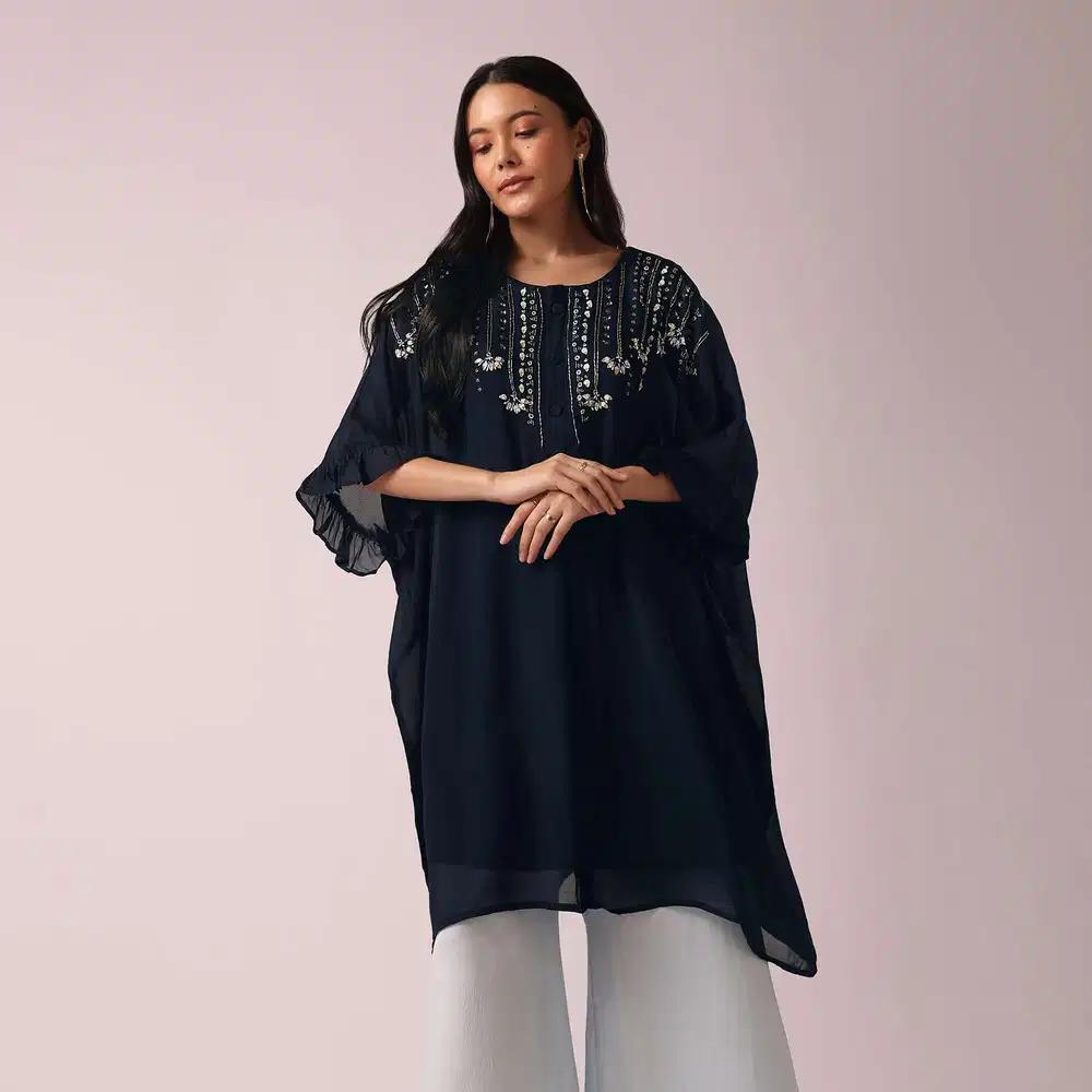 Blue Colorblock Kaftan And Palazzo Ensemble