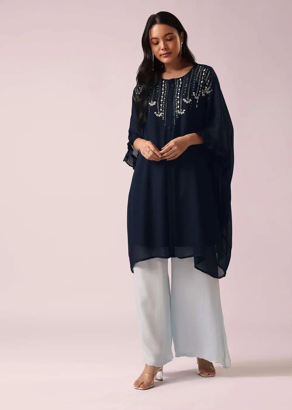 Blue Colorblock Kaftan And Palazzo Ensemble