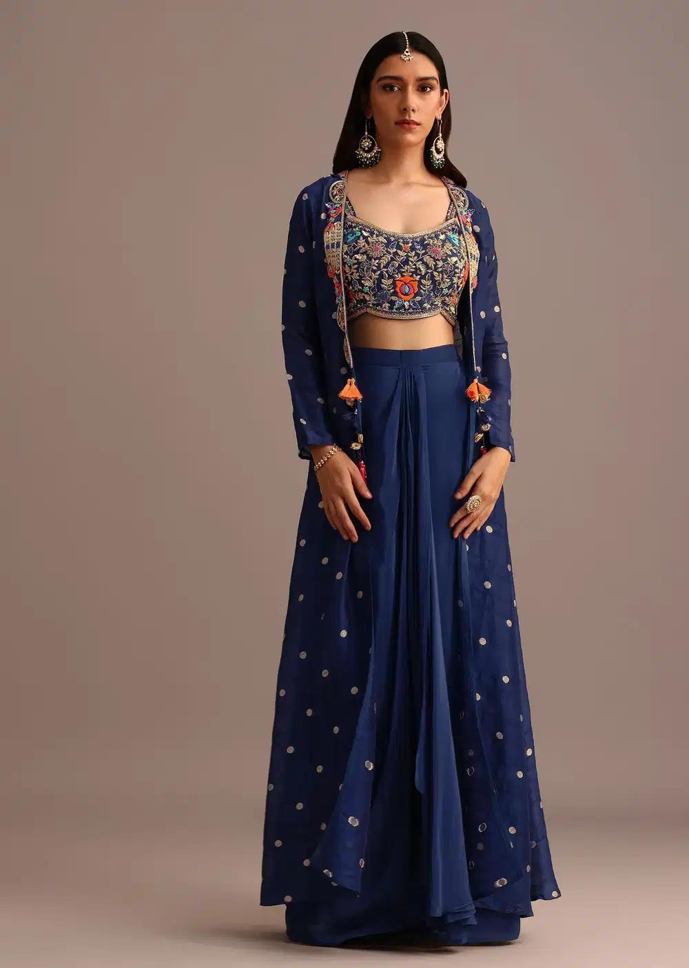 Blue Croptop Set With Draped Skirt And Tussar Fabric Jacket