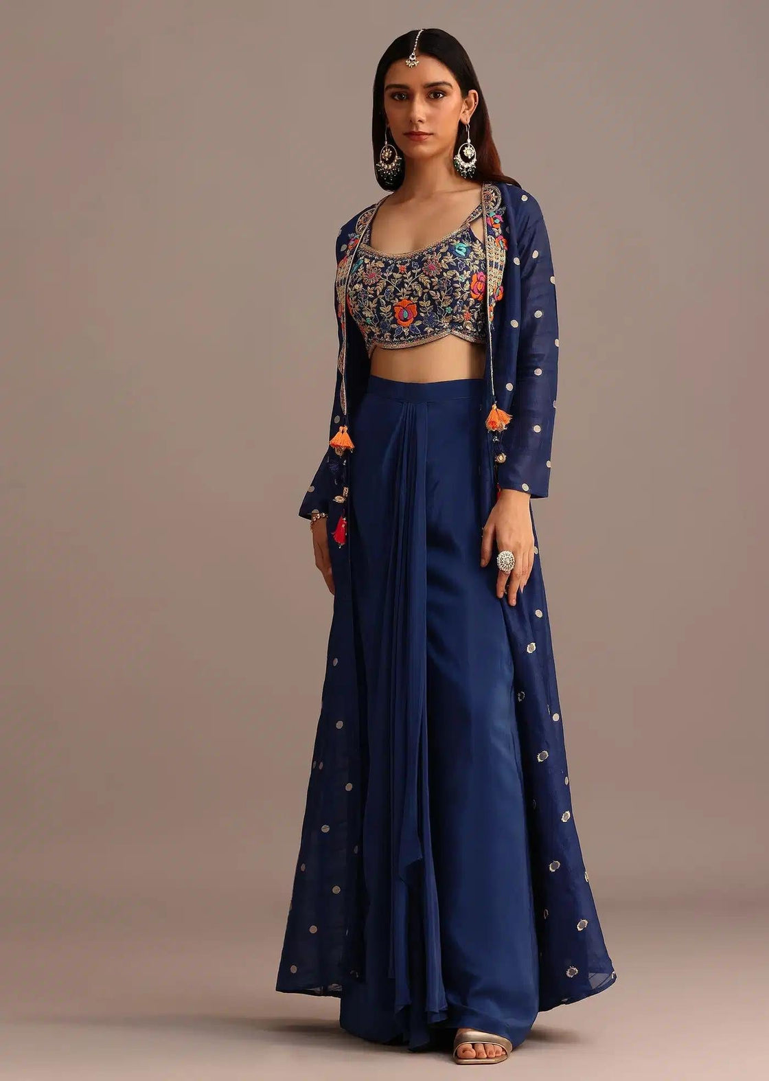 Blue Croptop Set With Draped Skirt And Tussar Fabric Jacket