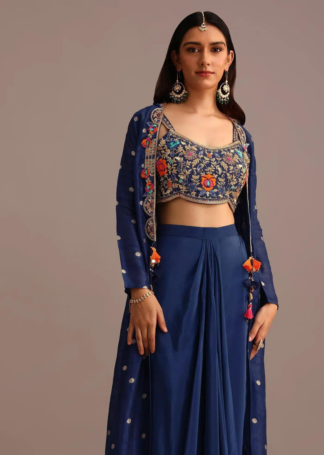 Blue Croptop Set With Draped Skirt And Tussar Fabric Jacket