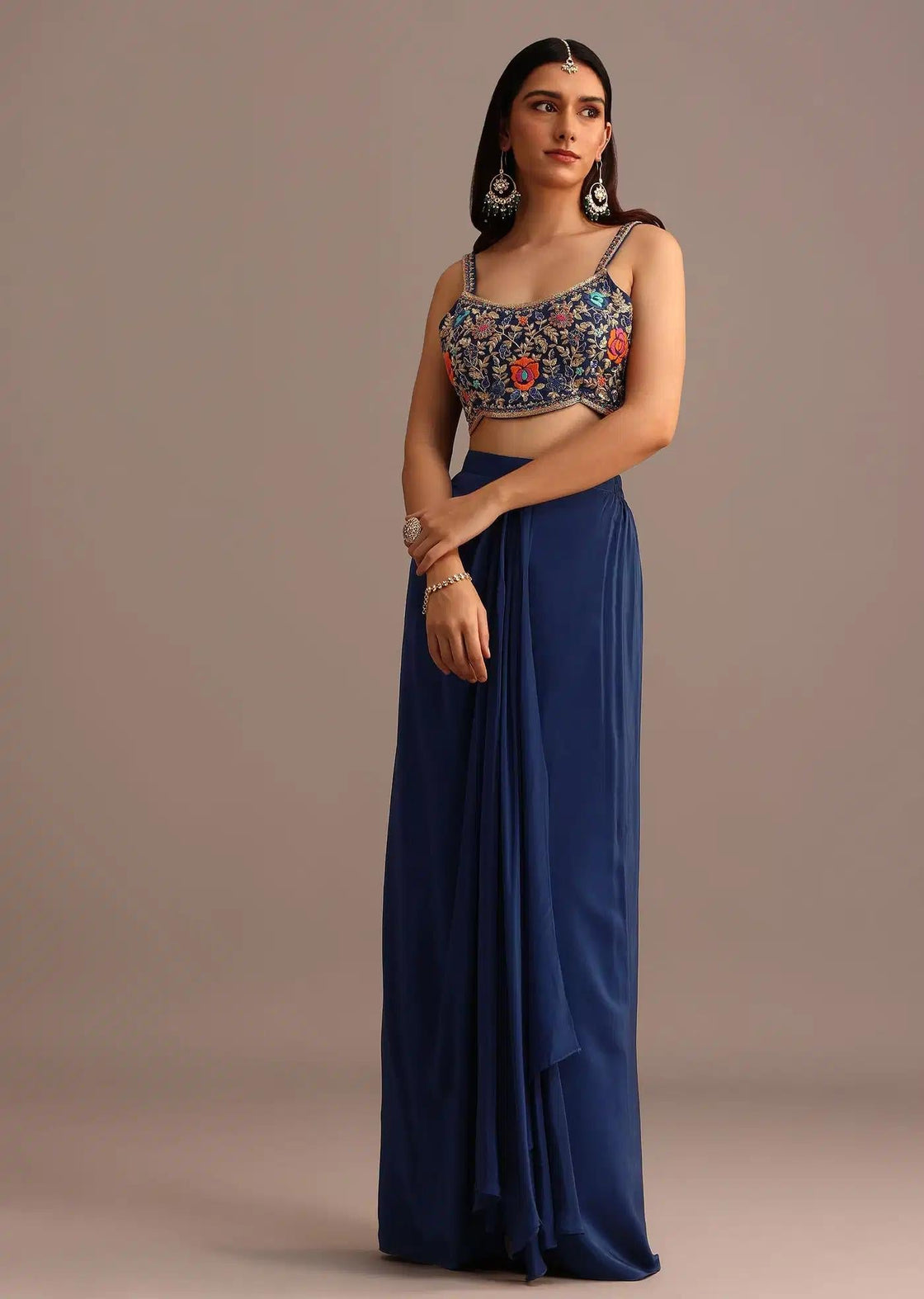 Blue Croptop Set With Draped Skirt And Tussar Fabric Jacket