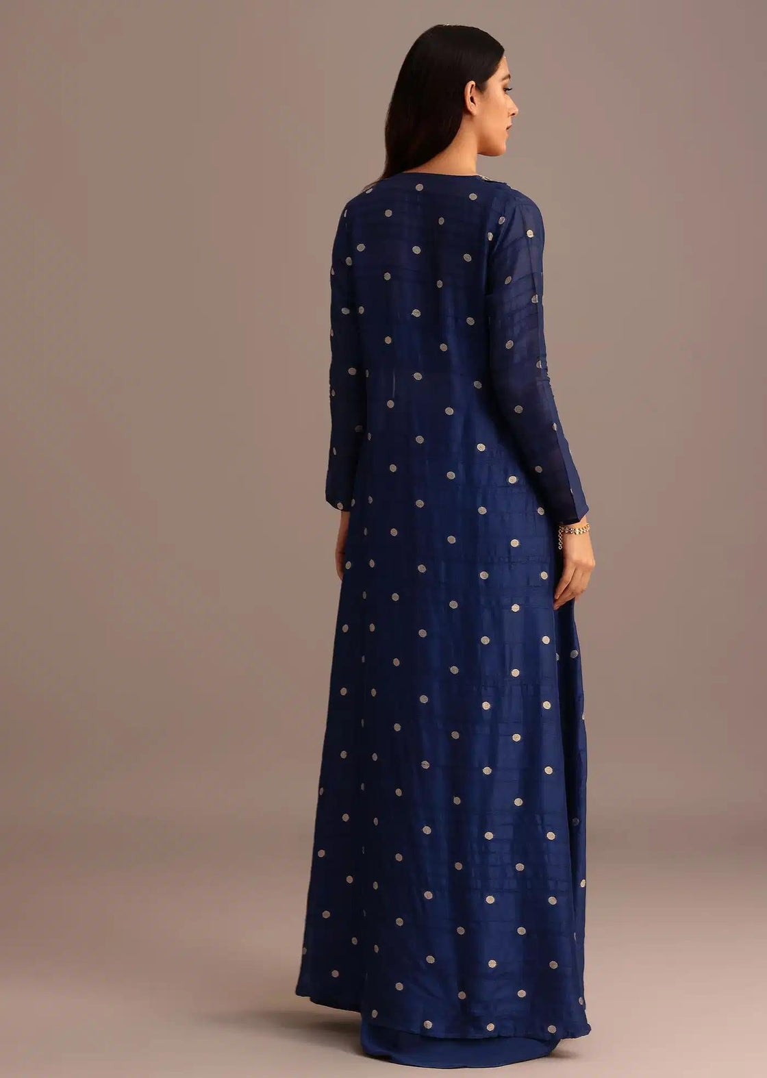 Blue Croptop Set With Draped Skirt And Tussar Fabric Jacket
