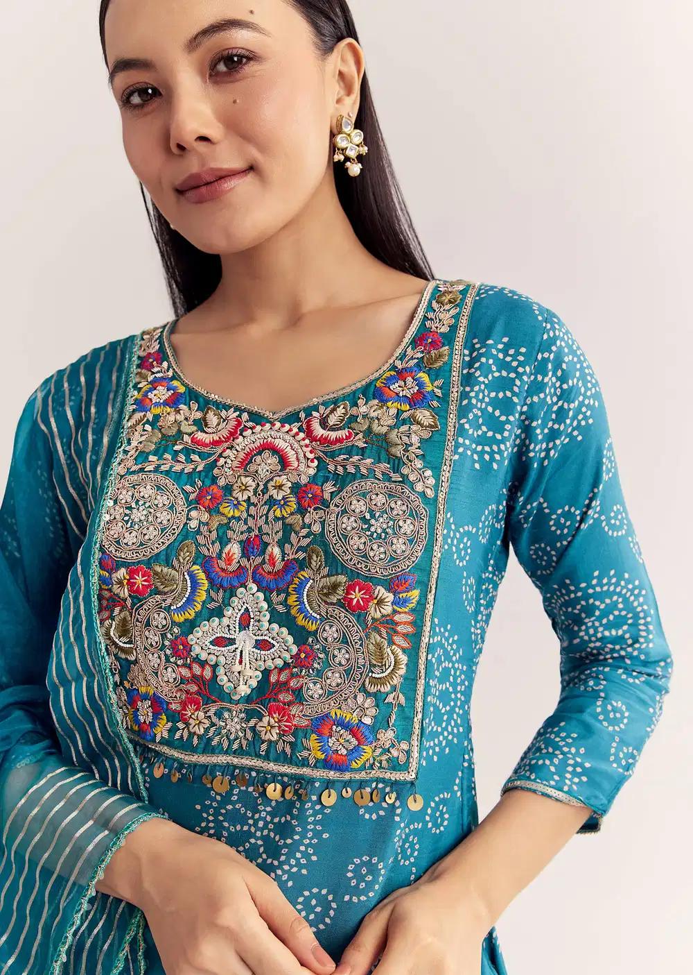 Blue Dola Silk Printed Kurta Dupatta Ensemble With Embroidered Neckline Outfit